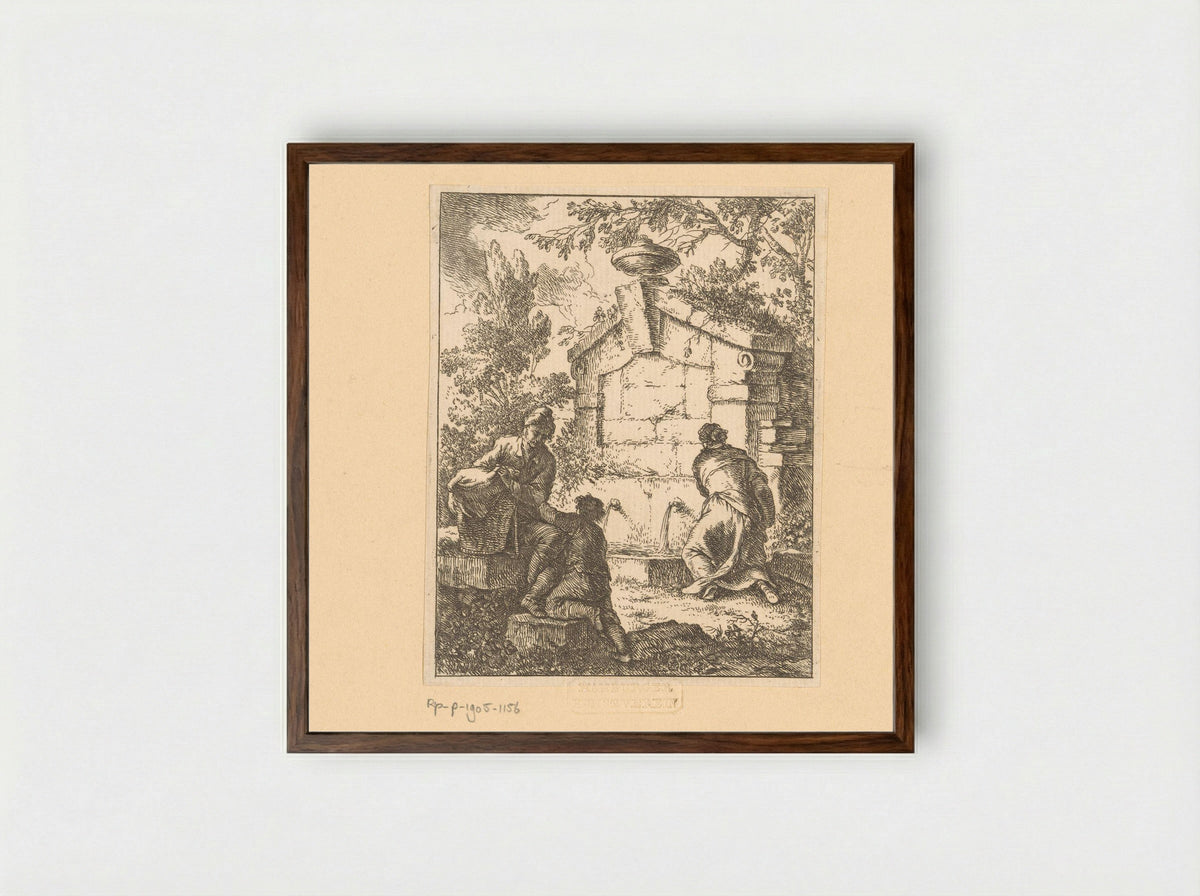 Drie reizigers halen water bij een ruïne - Franz de Paula Ferg - Framed Print Dark Wood