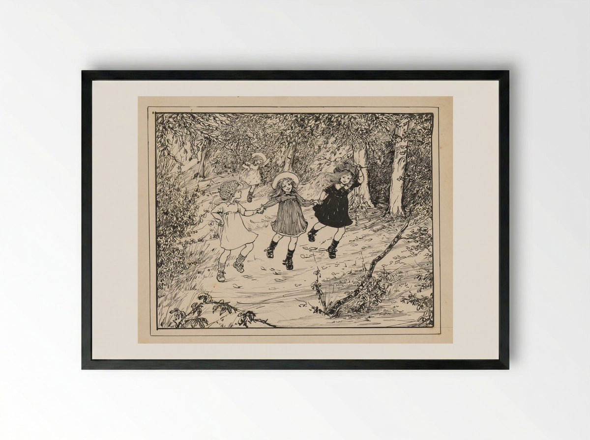 Drie rennende meisjes in een bos - Nelly Spoor - Framed Print Black