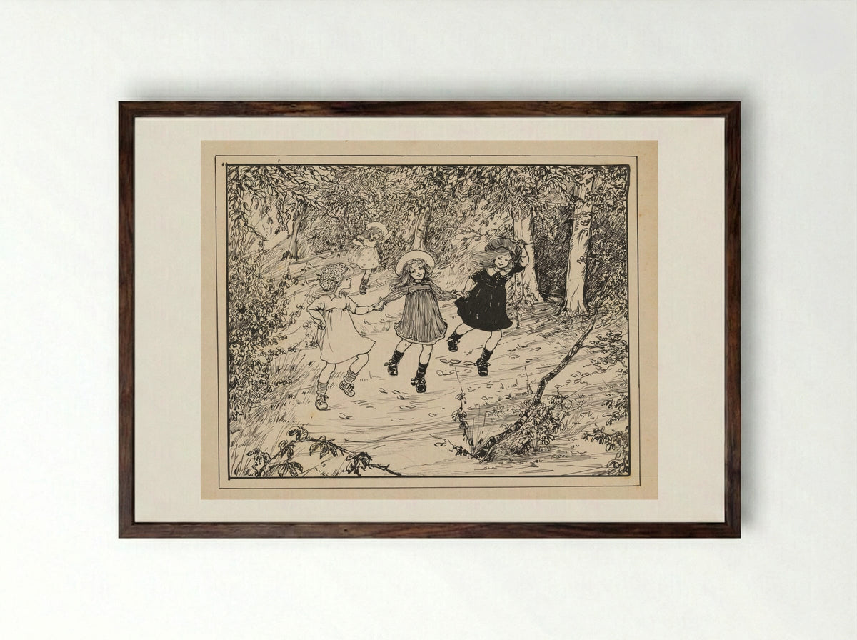 Drie rennende meisjes in een bos - Nelly Spoor - Framed Print Dark Wood
