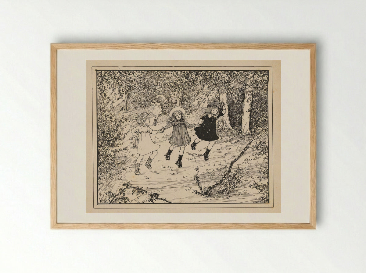Drie rennende meisjes in een bos - Nelly Spoor - Framed Print Wood