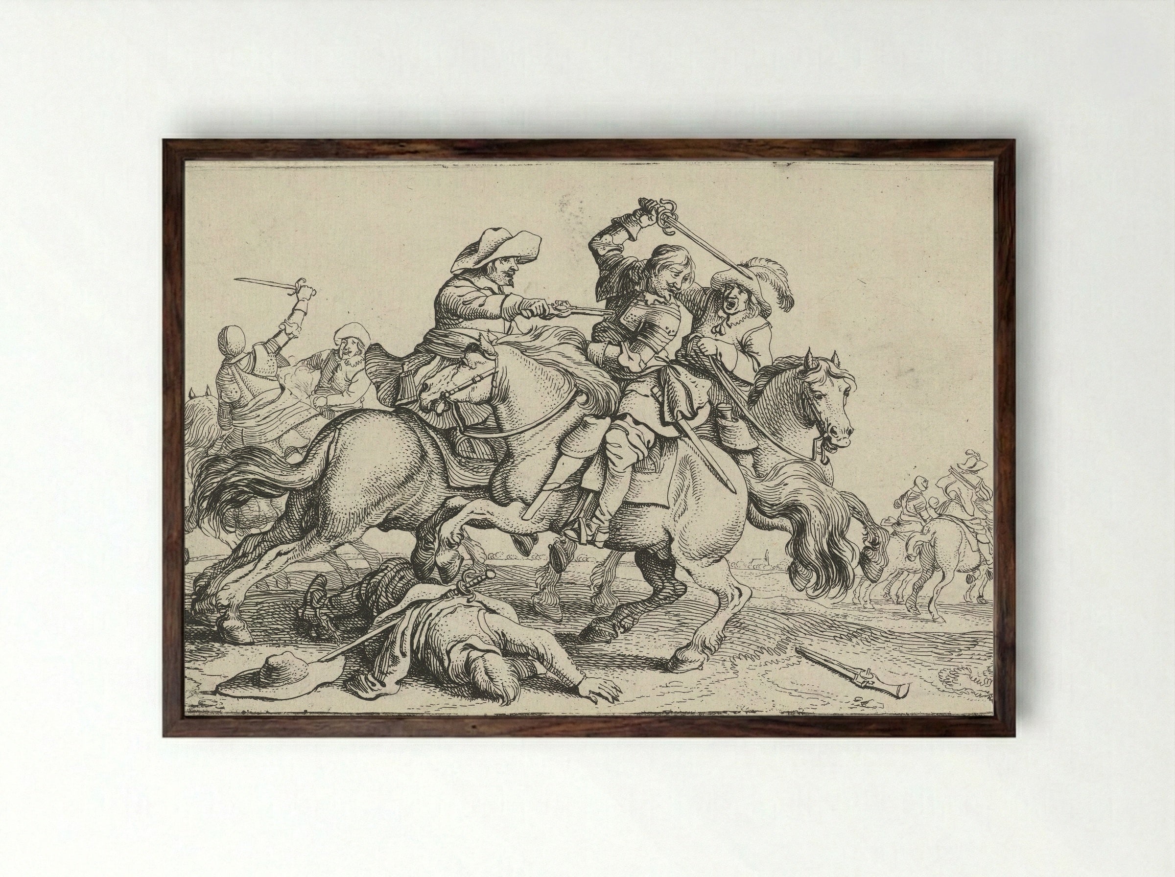 Drie ruiters in gevecht - Jan Martens de Jonge - Framed Print Dark Wood