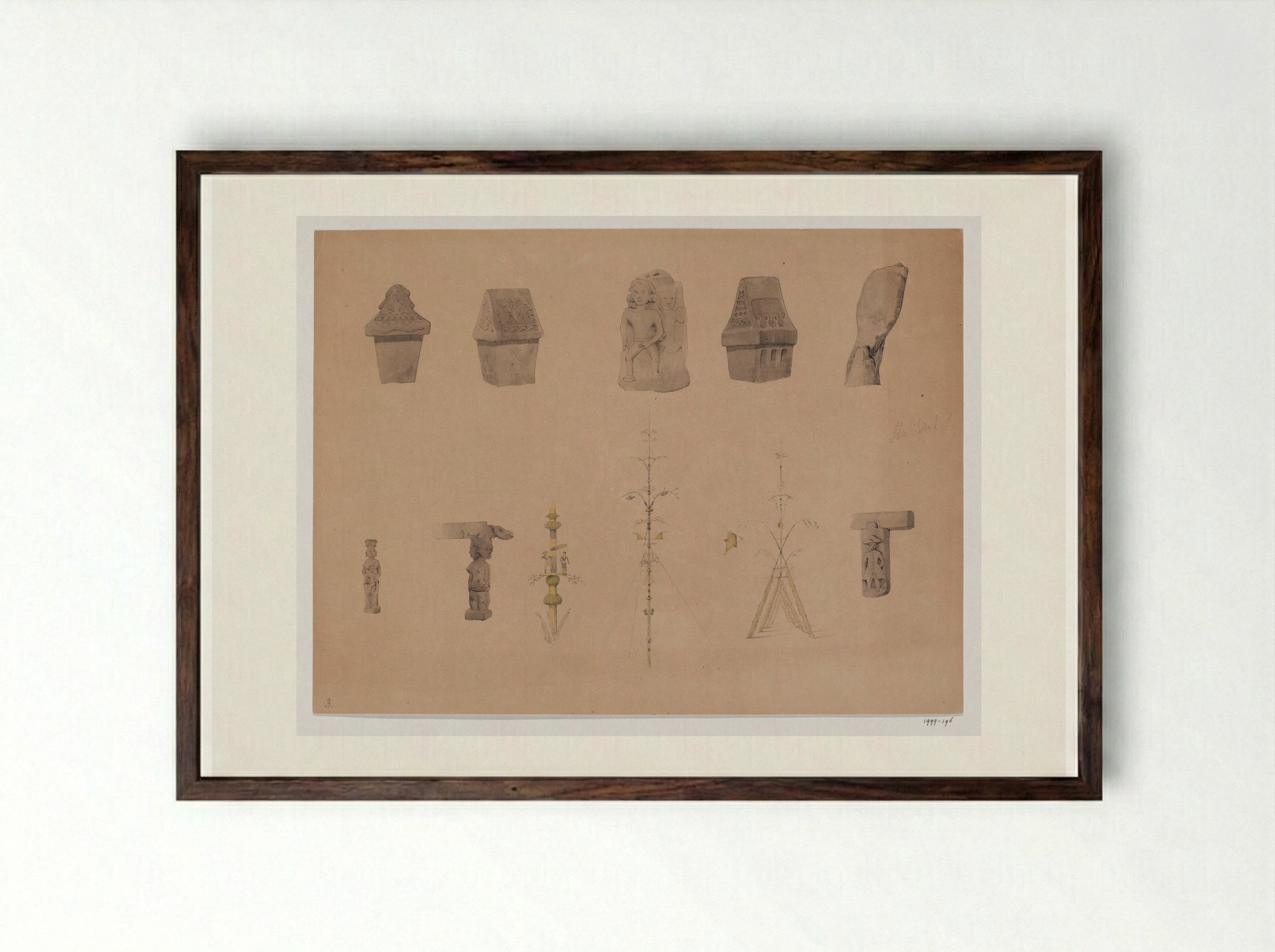 Drie sarcofagen, twee dorpsstichtingsstenen en details van architectuurelementen en bamboepalen, Minahasalanden, Noord-Celebes - Adrianus Johannes Bik - Framed Print Dark Wood