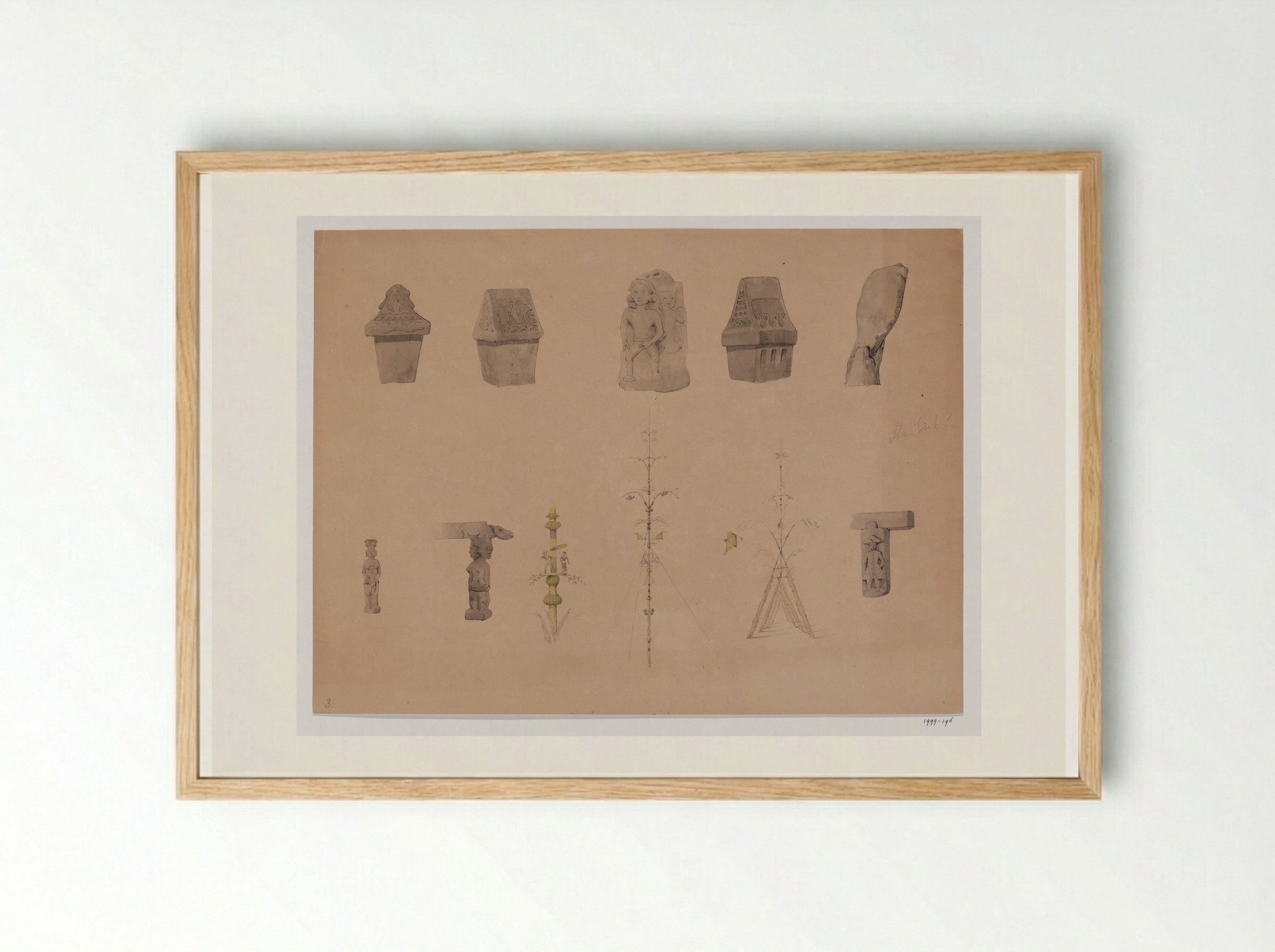 Drie sarcofagen, twee dorpsstichtingsstenen en details van architectuurelementen en bamboepalen, Minahasalanden, Noord-Celebes - Adrianus Johannes Bik - Framed Print Wood