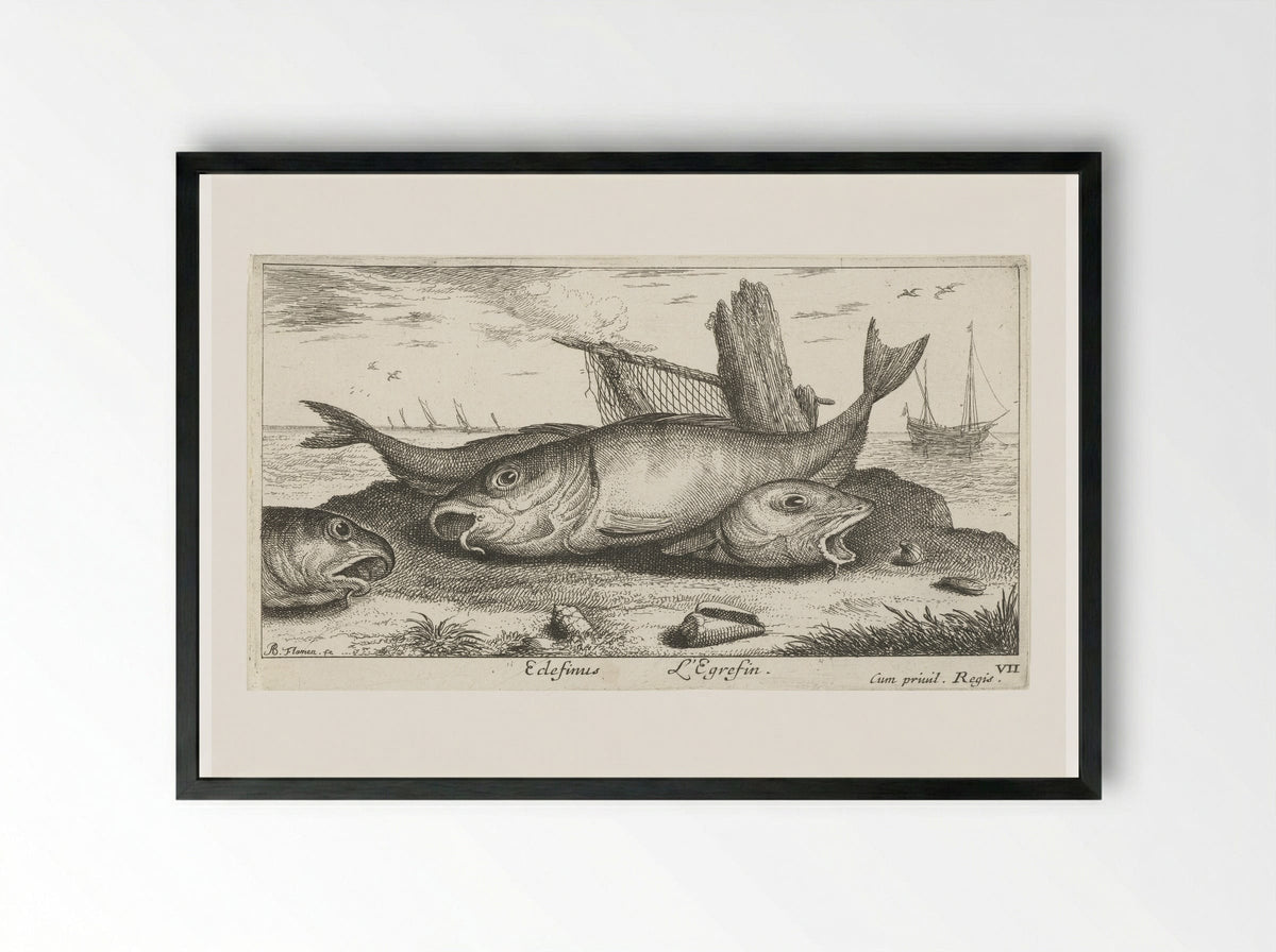 Drie schelvissen op het strand - Albert Flamen - Framed Print Black