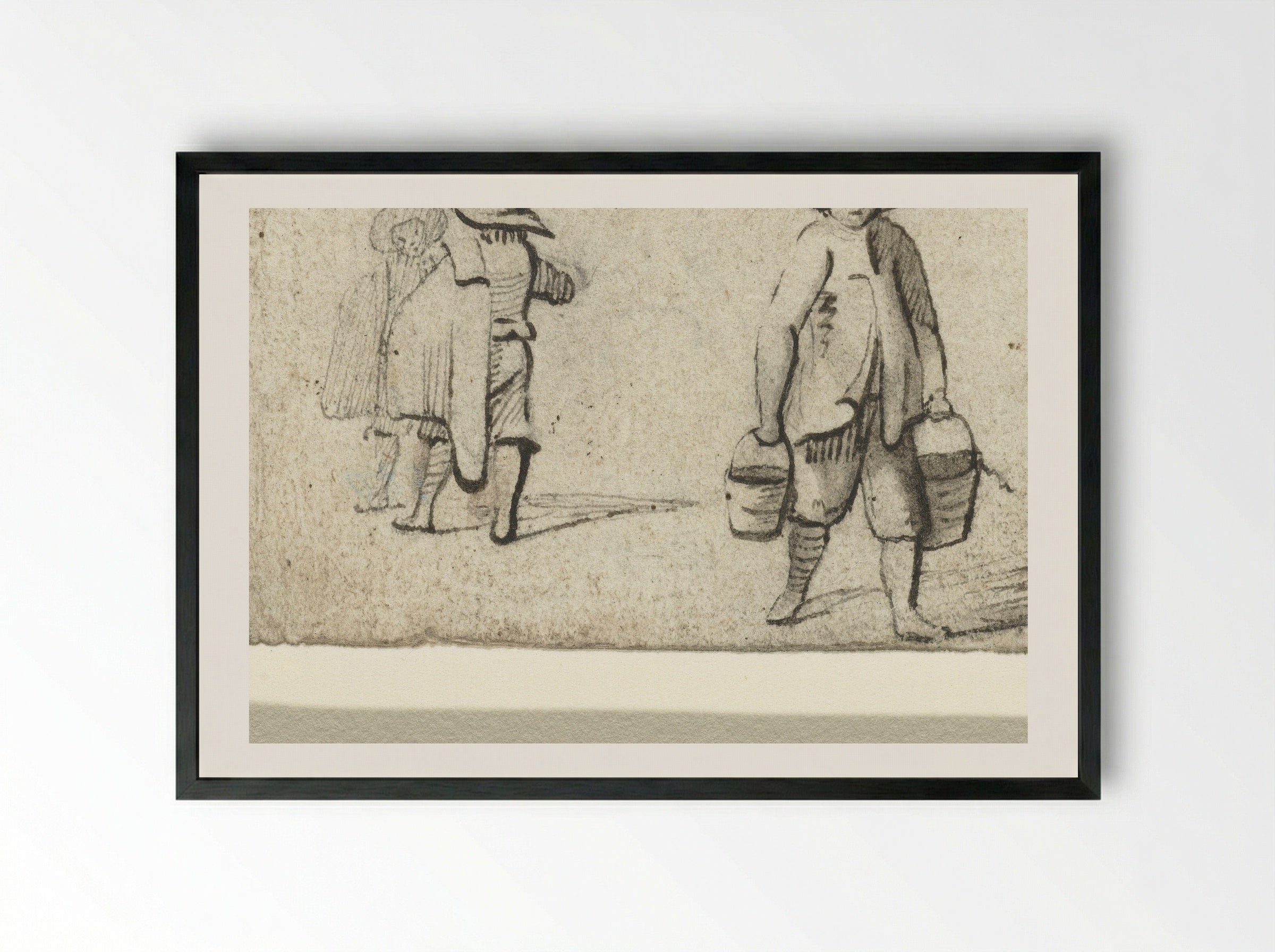 Drie staande figuren, de voorste draagt emmers - Harmen ter Borch - Framed Print Black