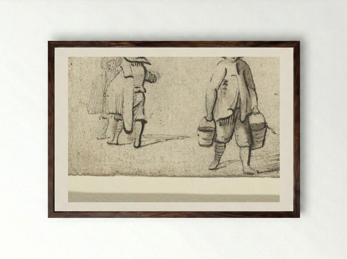Drie staande figuren, de voorste draagt emmers - Harmen ter Borch - Framed Print Dark Wood