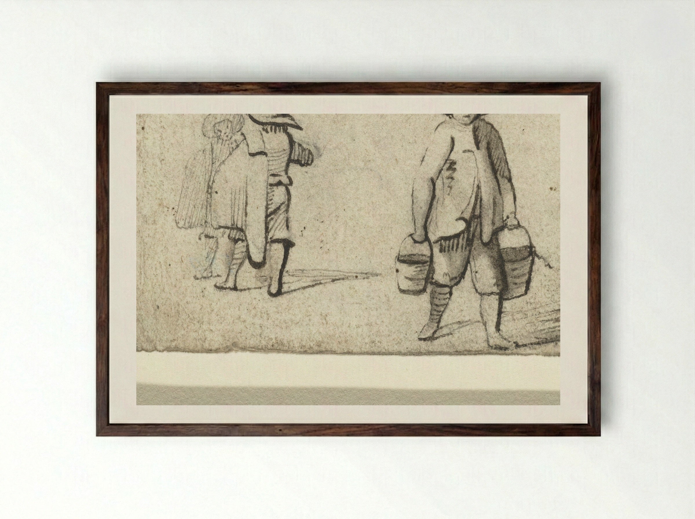 Drie staande figuren, de voorste draagt emmers - Harmen ter Borch - Framed Print Dark Wood