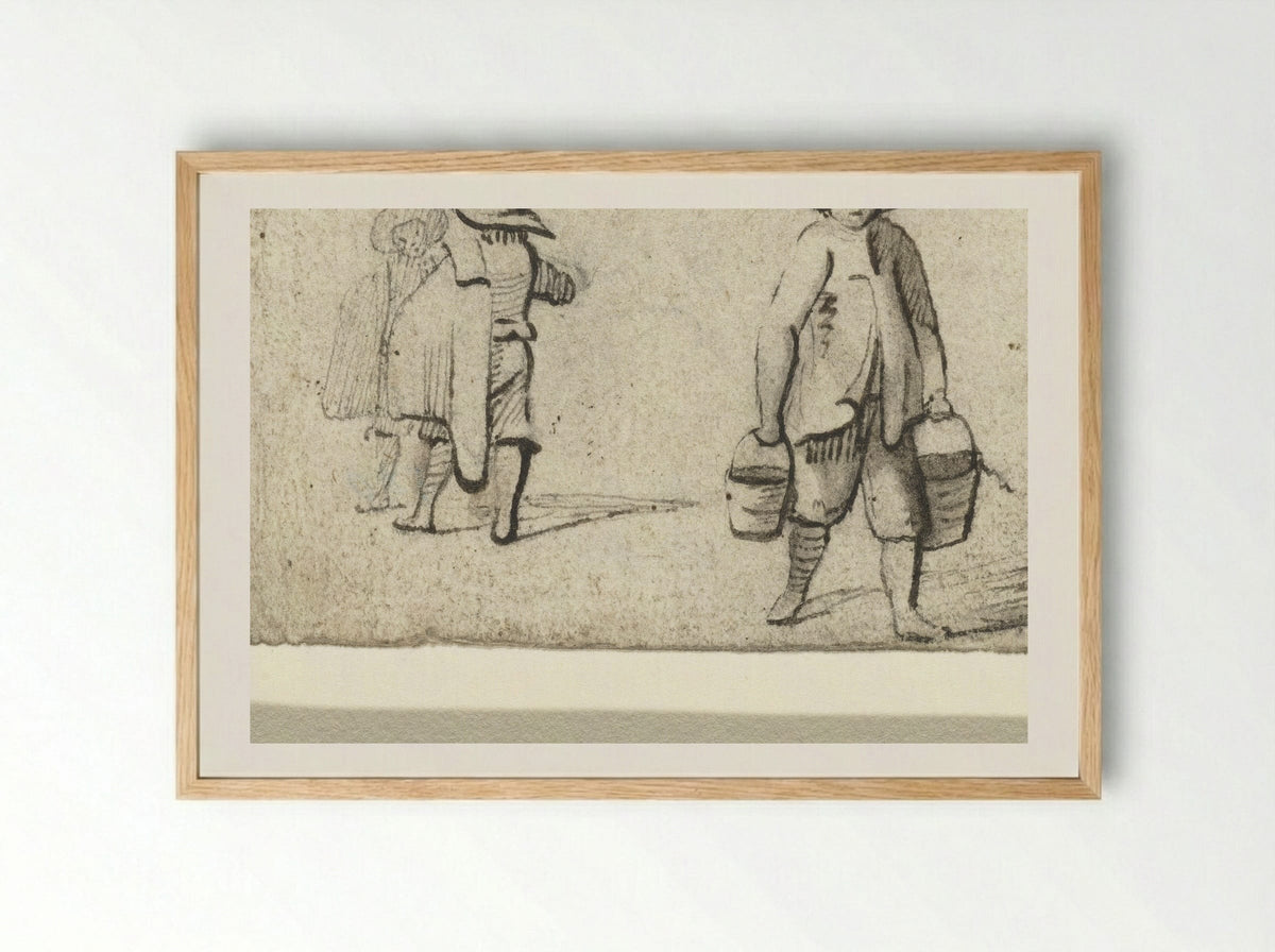 Drie staande figuren, de voorste draagt emmers - Harmen ter Borch - Framed Print Wood
