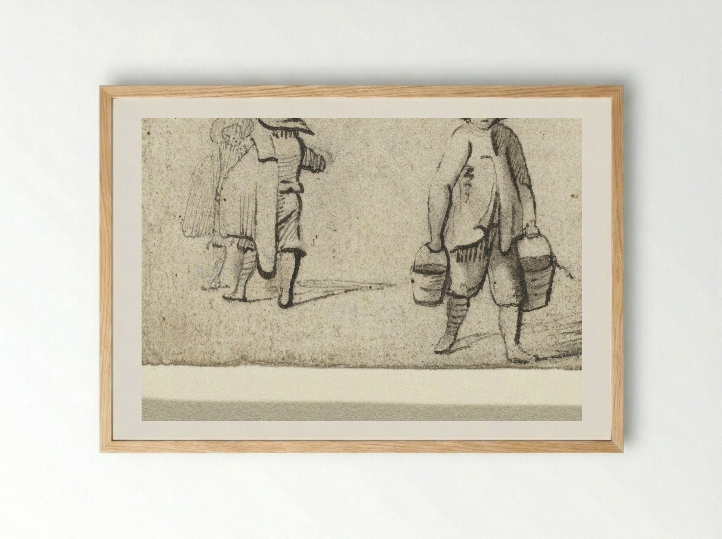 Drie staande figuren, de voorste draagt emmers - Harmen ter Borch - Framed Print Wood