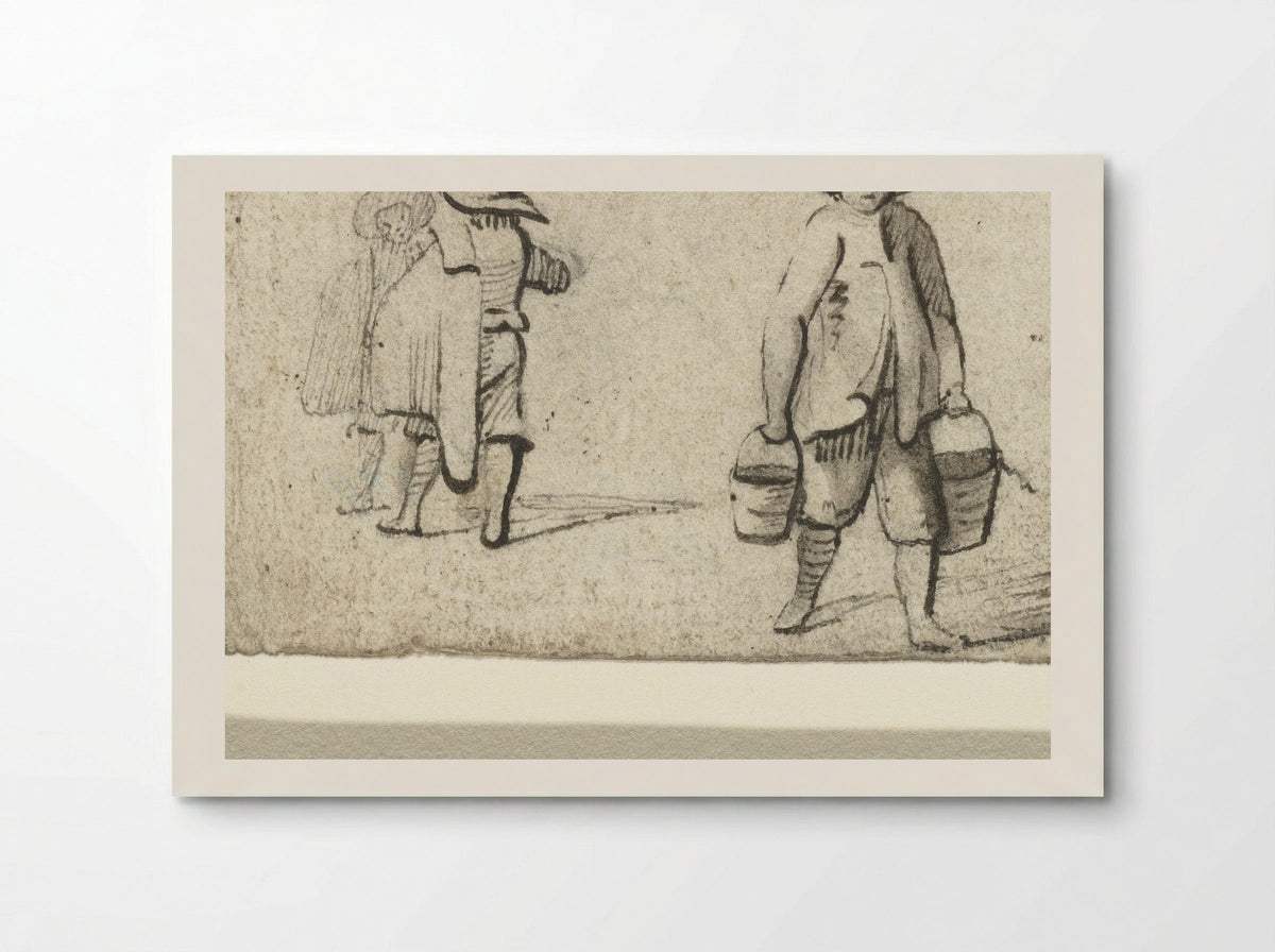 Drie staande figuren, de voorste draagt emmers - Harmen ter Borch - Poster