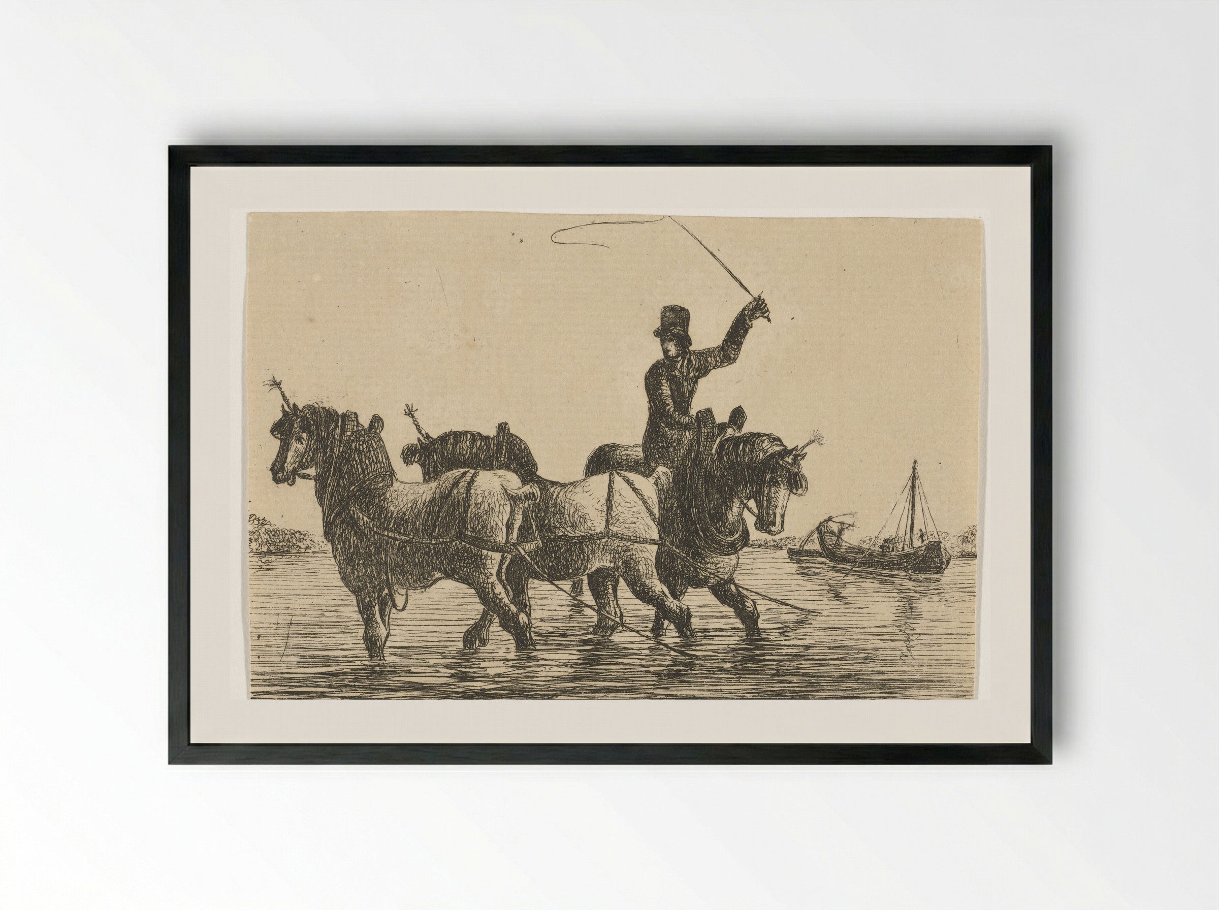 Drie trekpaarden in het water - Otto Baron Howen - Framed Print Black