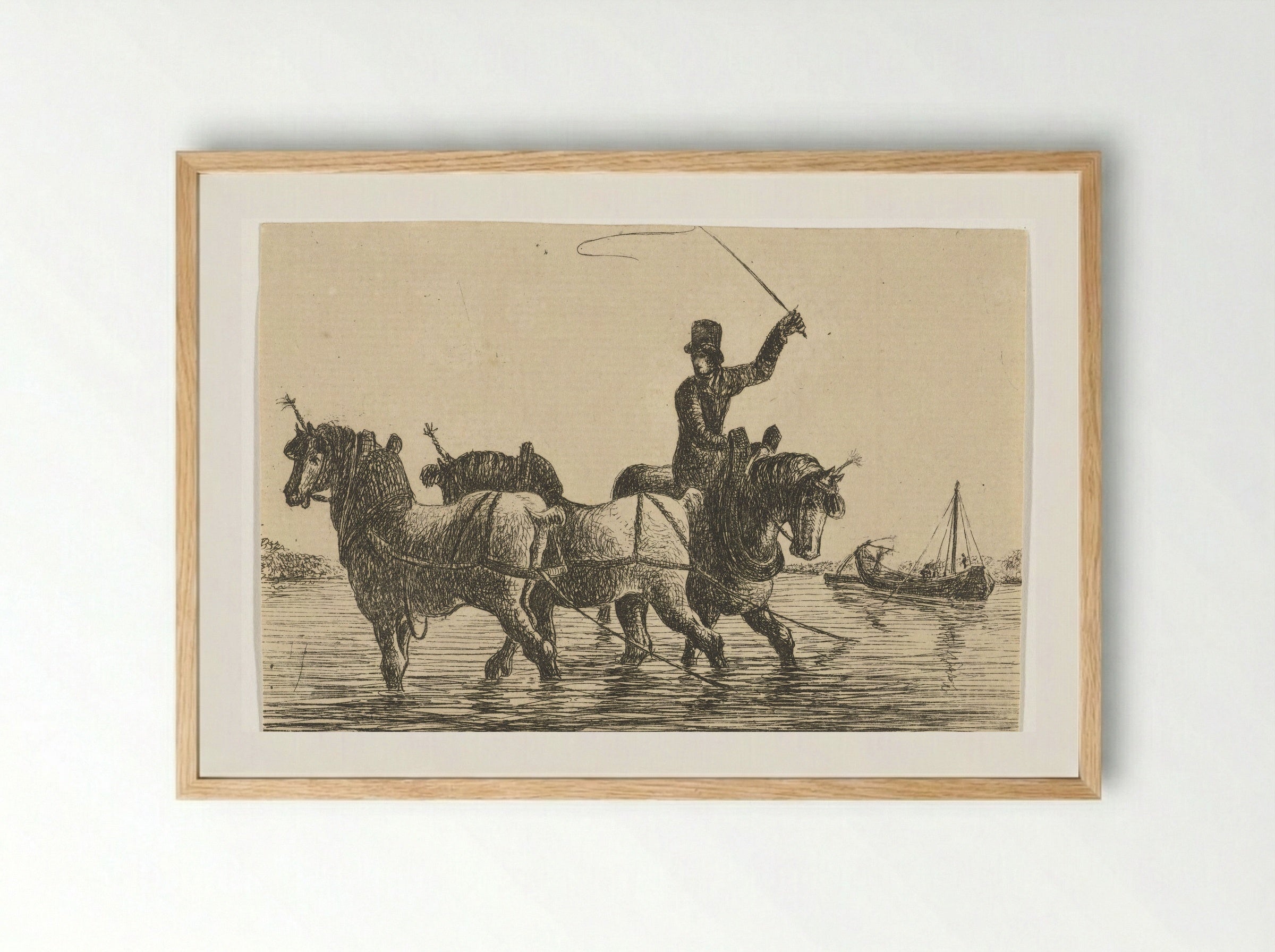 Drie trekpaarden in het water - Otto Baron Howen - Framed Print Wood