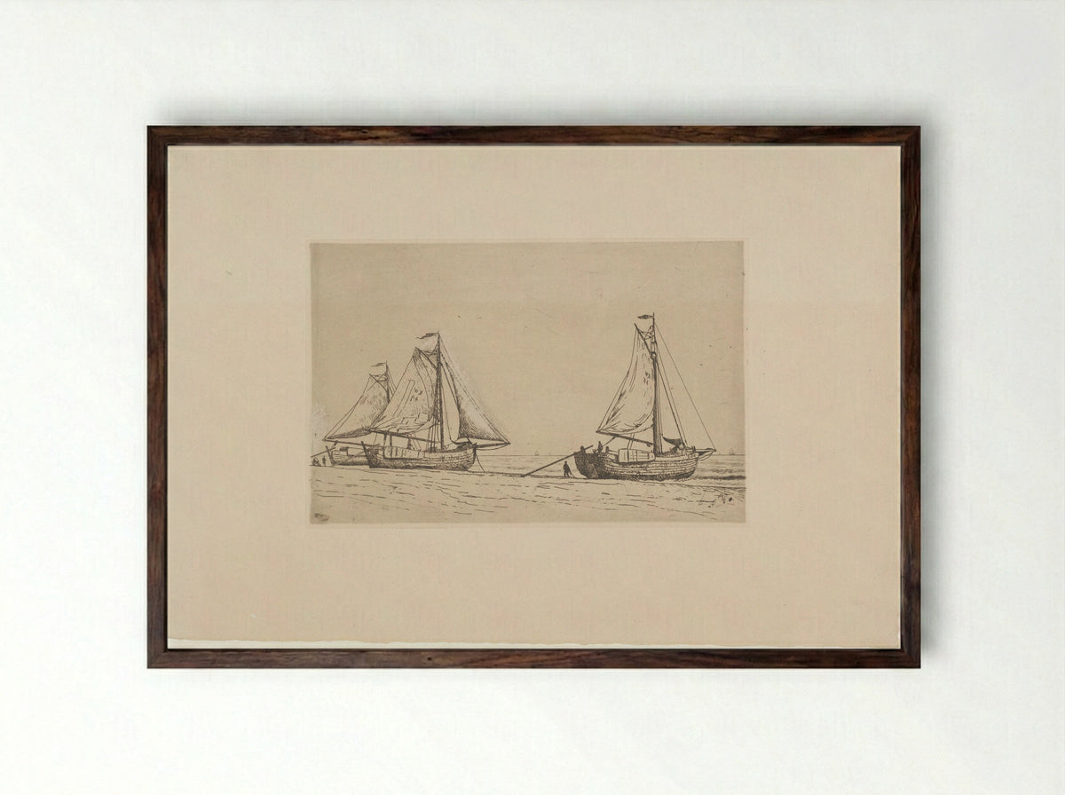 Drie vissersboten op het strand van Katwijk - Alphonse Stengelin - Framed Print Dark Wood