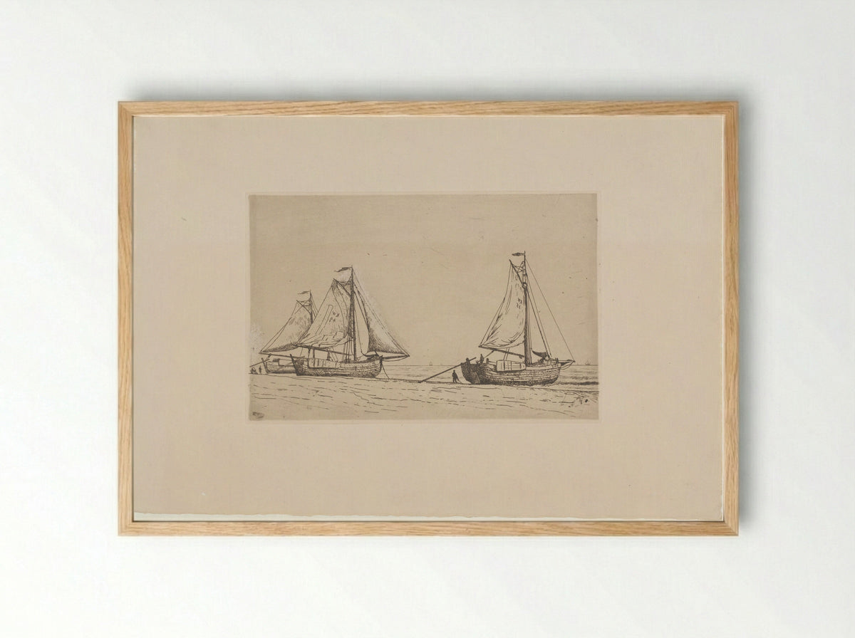 Drie vissersboten op het strand van Katwijk - Alphonse Stengelin - Framed Print Wood