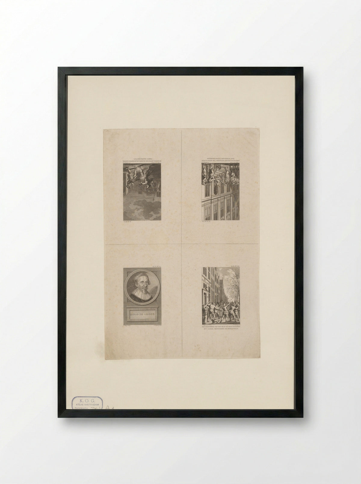 Drie voorstellingen uit de geschiedenis van Amsterdam en een portret van Hugo de Groot - Harmanus Vinkeles - Framed Print Black