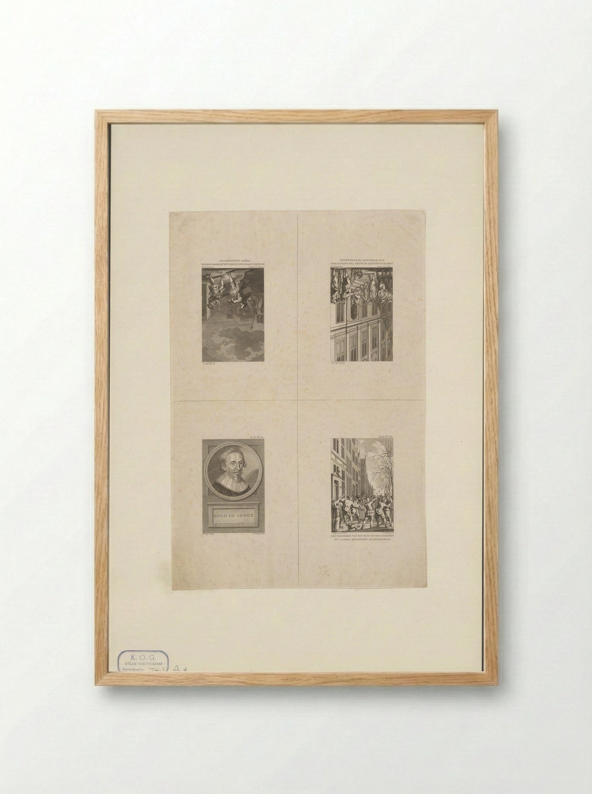 Drie voorstellingen uit de geschiedenis van Amsterdam en een portret van Hugo de Groot - Harmanus Vinkeles - Framed Print Wood