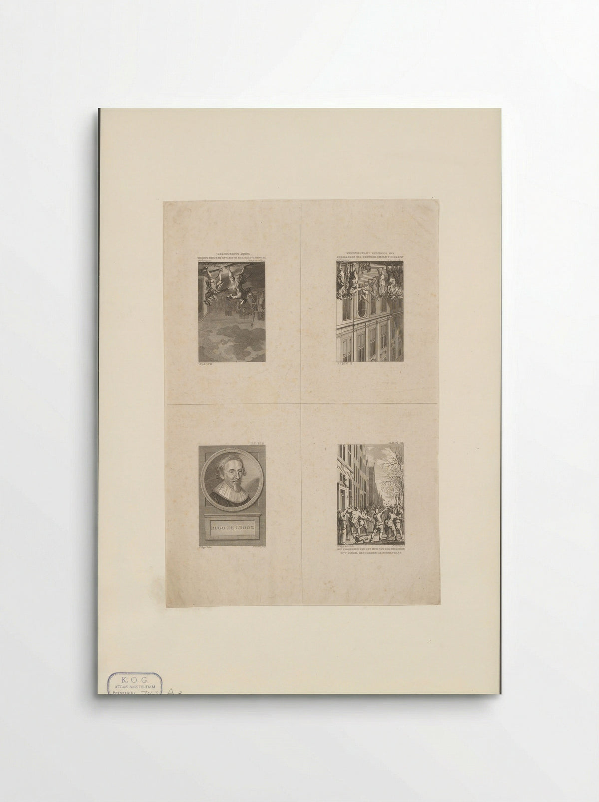 Drie voorstellingen uit de geschiedenis van Amsterdam en een portret van Hugo de Groot - Harmanus Vinkeles - Poster