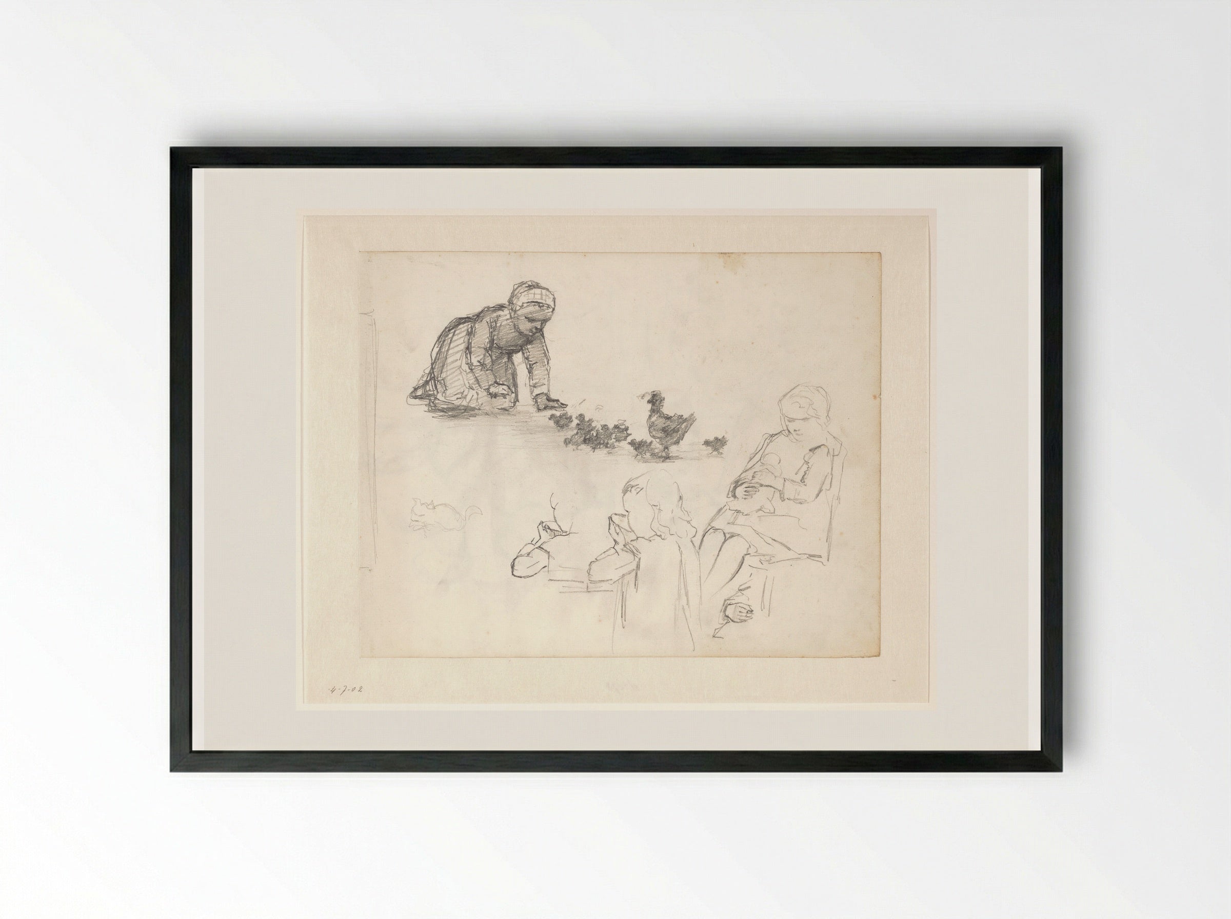 Drie voorstellingen van een meisje met kuikens, een kom, en een pop - Hendrik Valkenburg - Framed Print Black