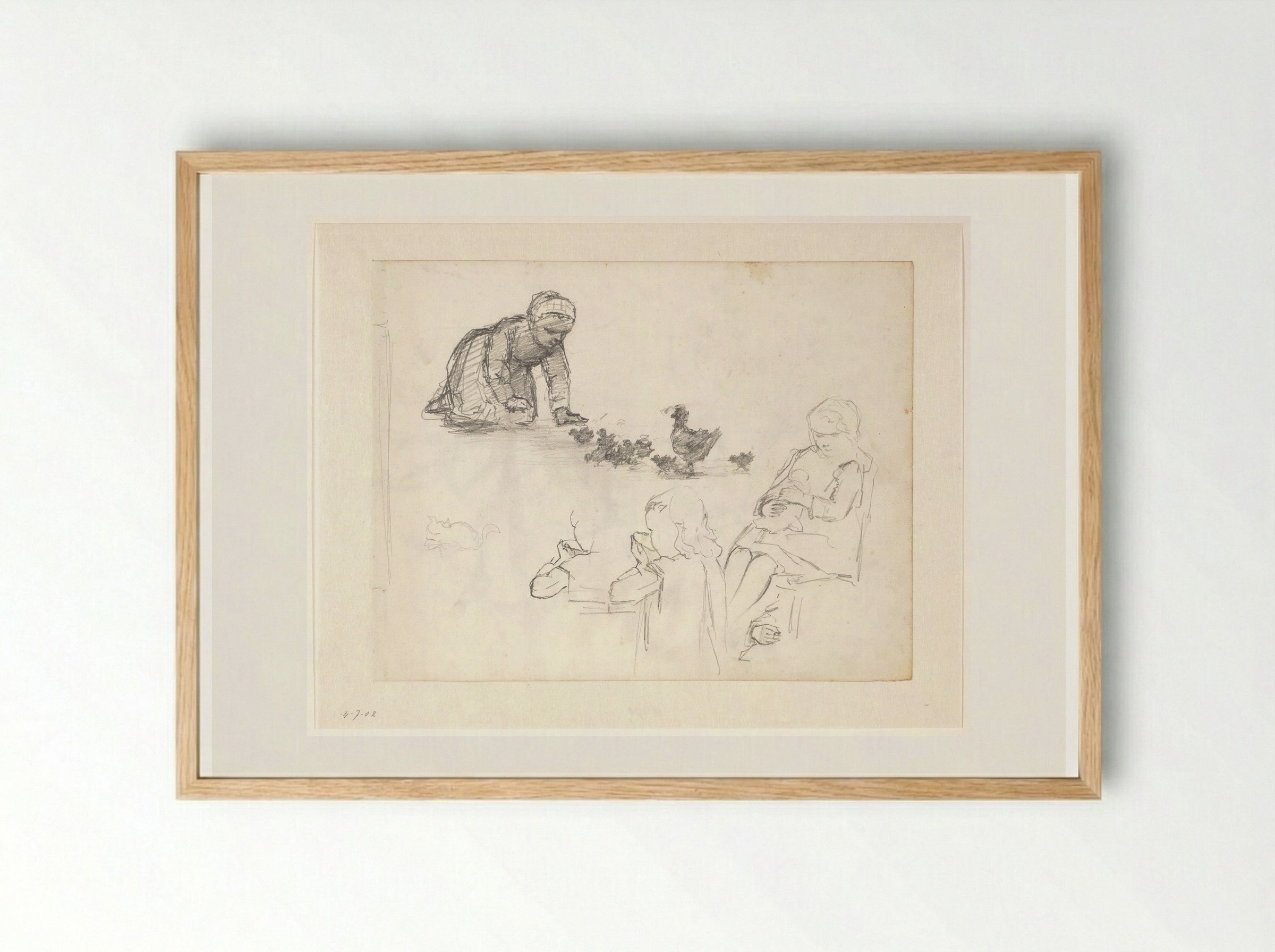 Drie voorstellingen van een meisje met kuikens, een kom, en een pop - Hendrik Valkenburg - Framed Print Wood