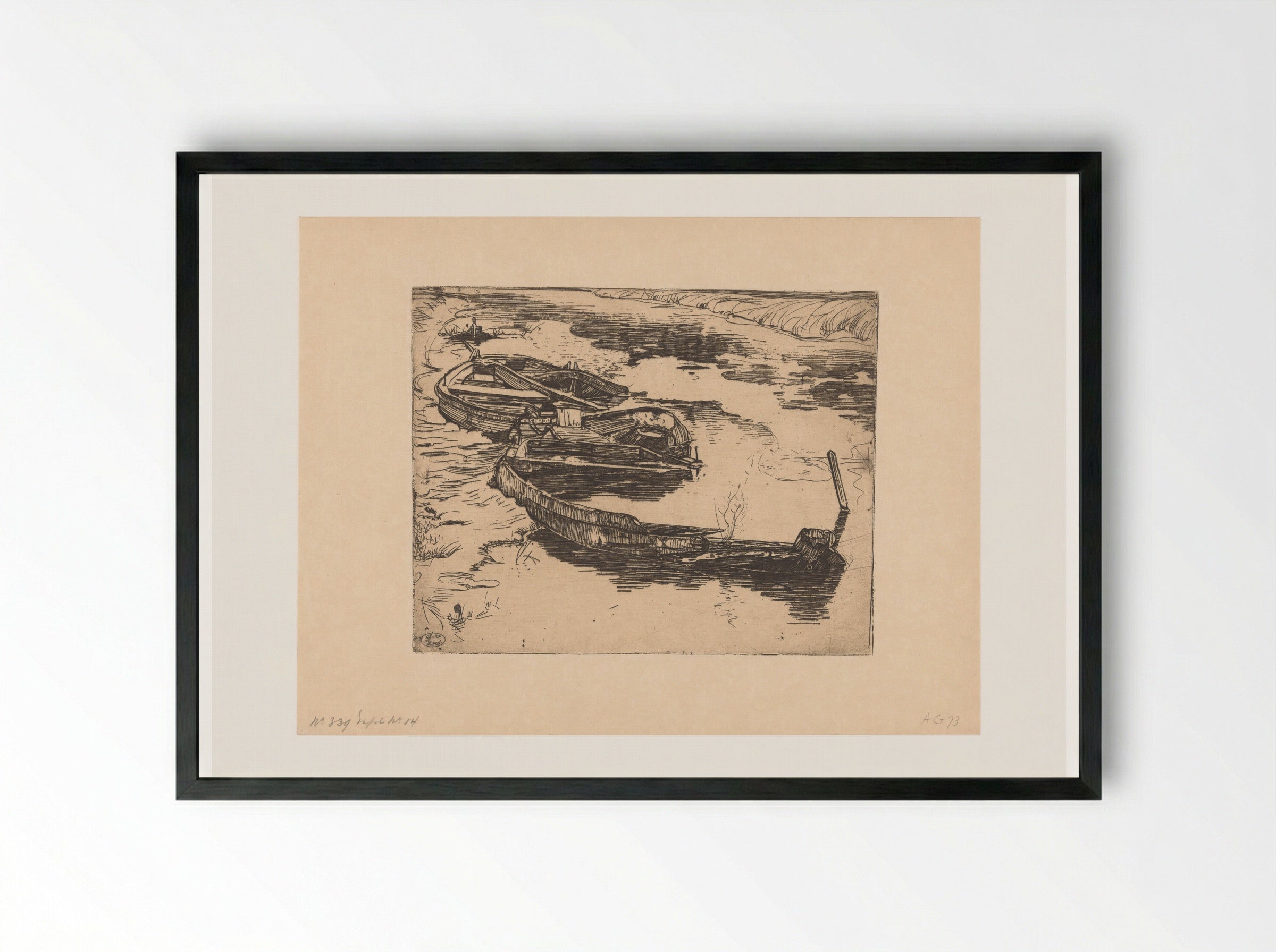 Drie weggezonken roeiboten in een sloot - Pieter Dupont - Framed Print Black