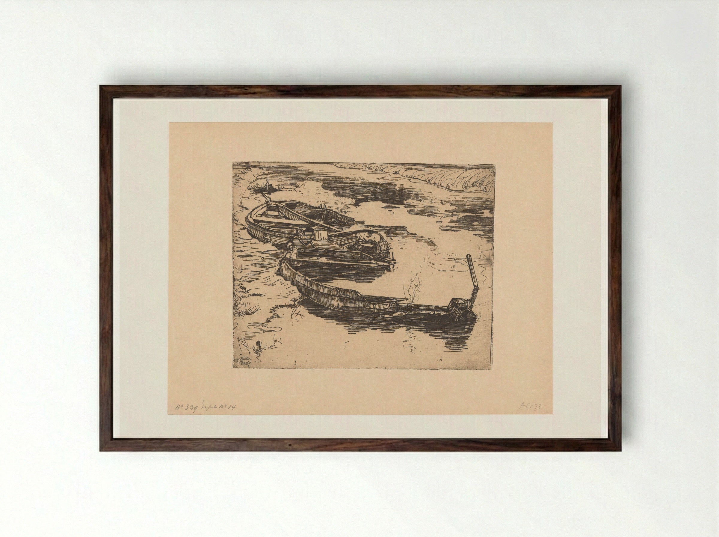 Drie weggezonken roeiboten in een sloot - Pieter Dupont - Framed Print Dark Wood
