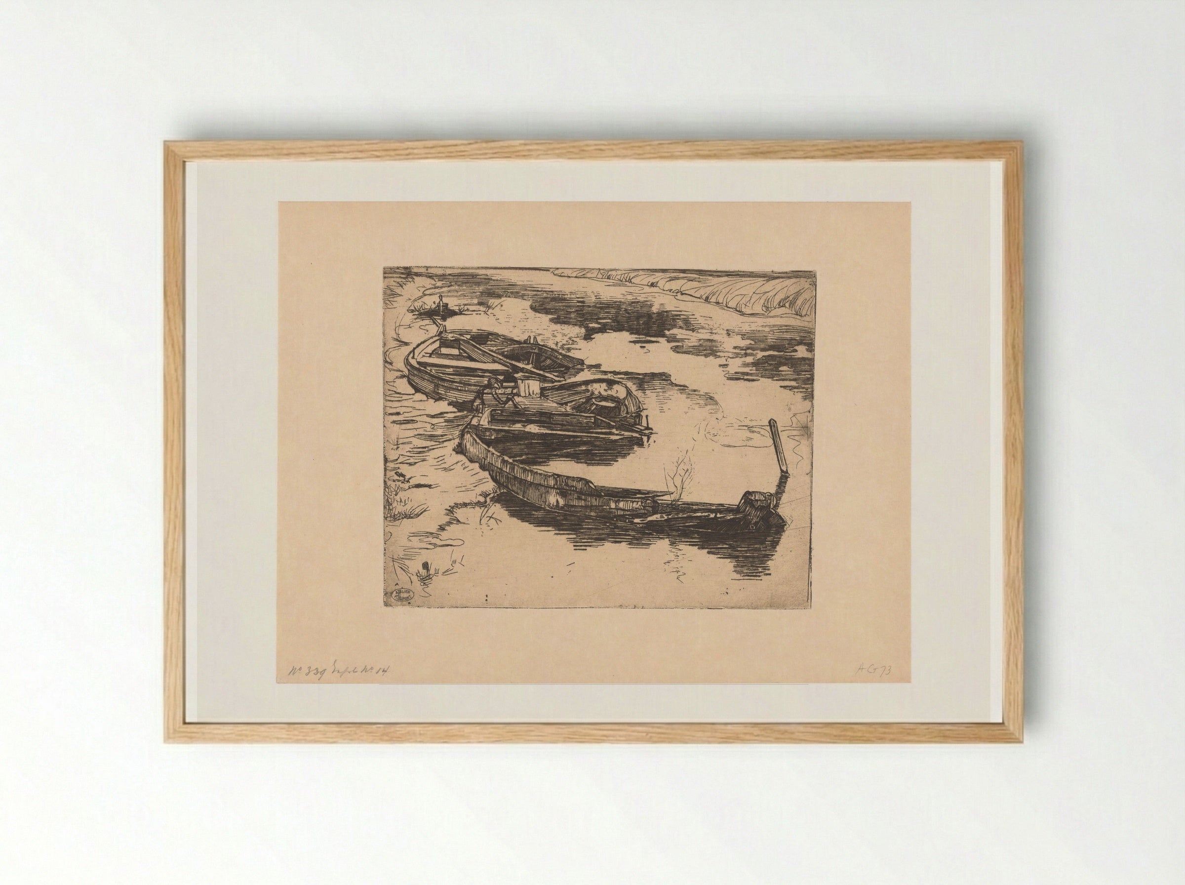 Drie weggezonken roeiboten in een sloot - Pieter Dupont - Framed Print Wood