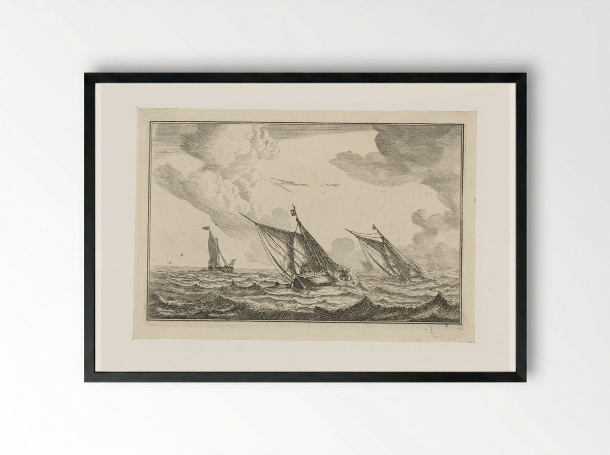 Drie zeilschepen op een ruwe zee - Reinier Nooms - Framed Print Black