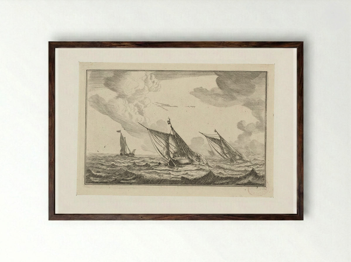 Drie zeilschepen op een ruwe zee - Reinier Nooms - Framed Print Dark Wood