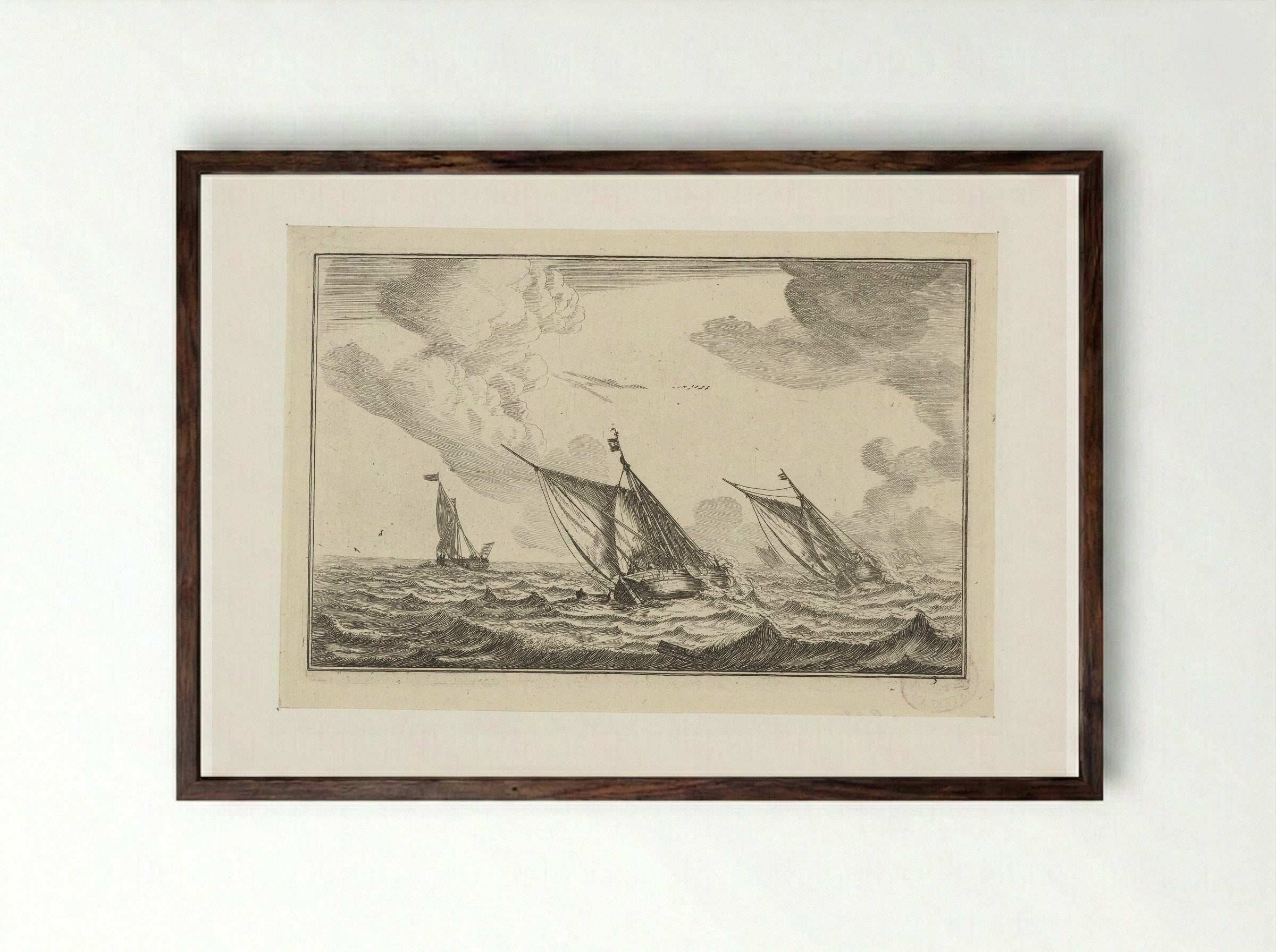 Drie zeilschepen op een ruwe zee - Reinier Nooms - Framed Print Dark Wood