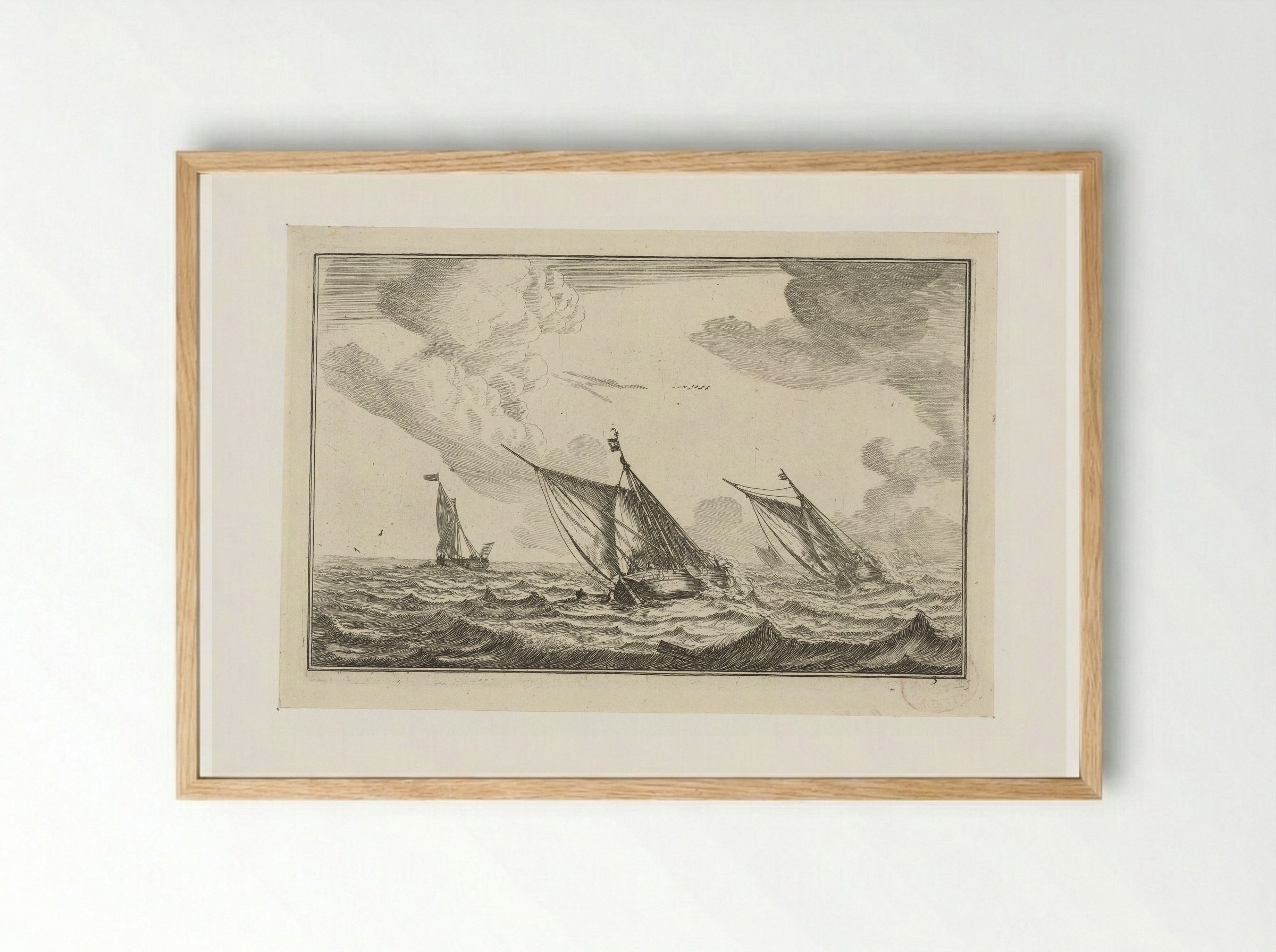 Drie zeilschepen op een ruwe zee - Reinier Nooms - Framed Print Wood