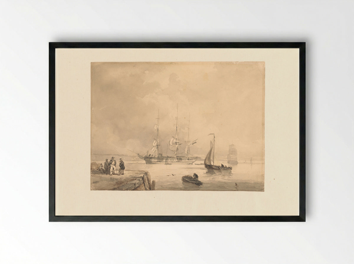 Driemaster en andere schepen in stil water voor de kade - Frans Arnold Breuhaus de Groot - Framed Print Black