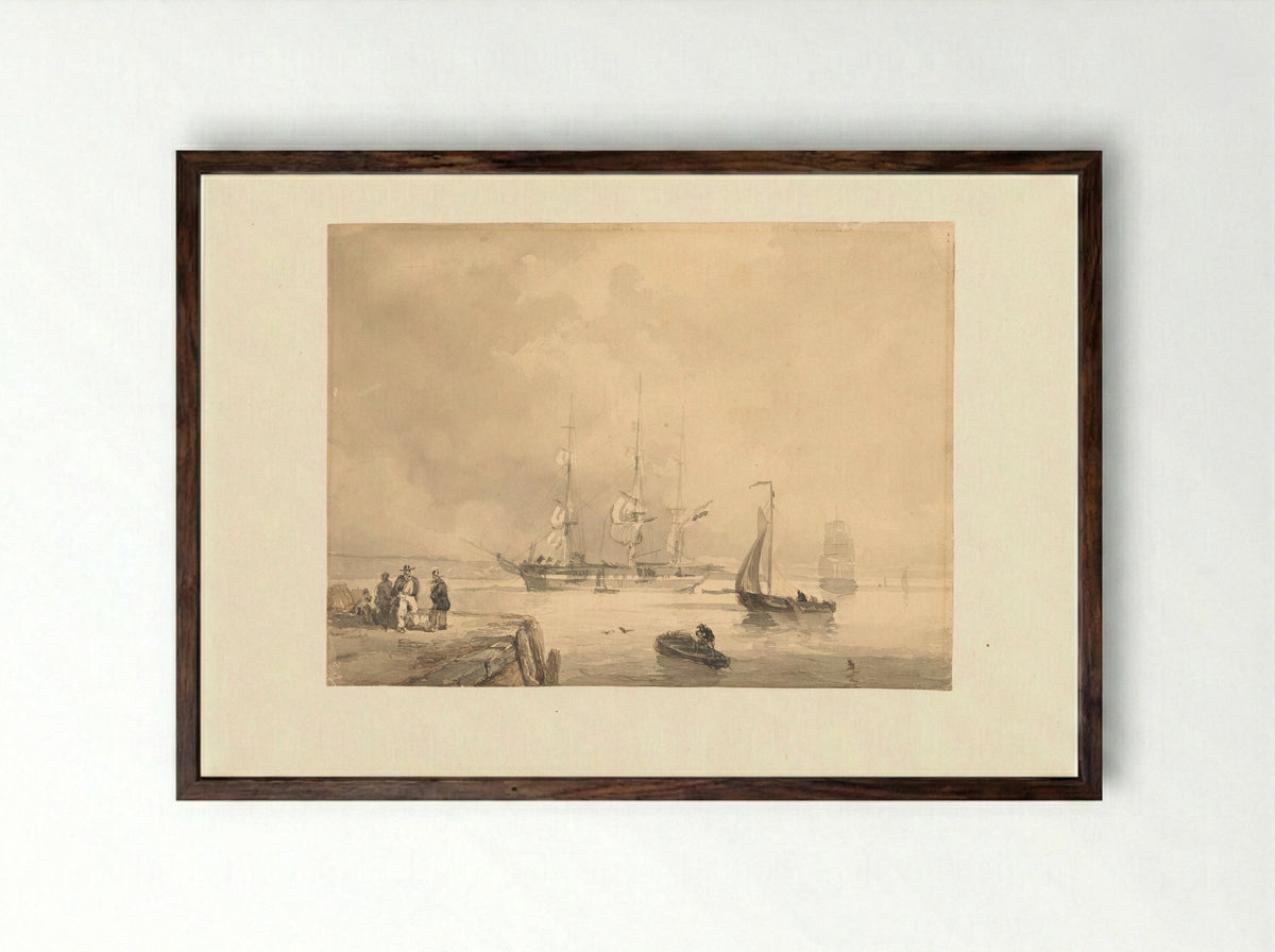 Driemaster en andere schepen in stil water voor de kade - Frans Arnold Breuhaus de Groot - Framed Print Dark Wood