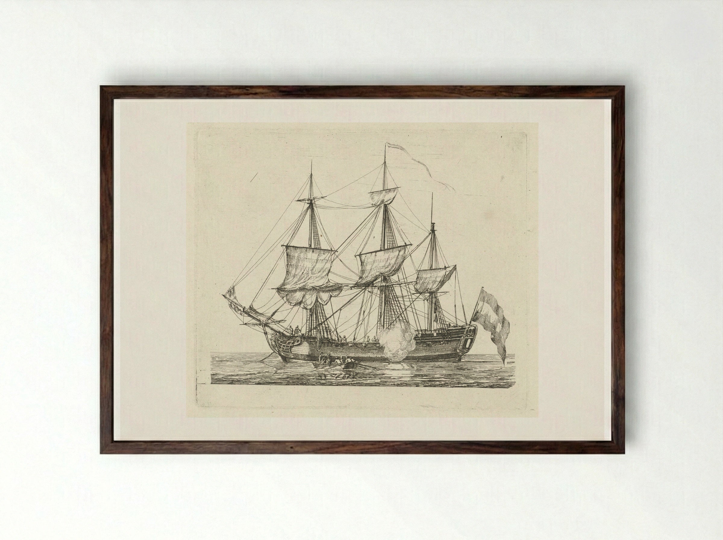 Driemaster met vlag en een roeiboot - Gerrit Groenewegen - Framed Print Dark Wood