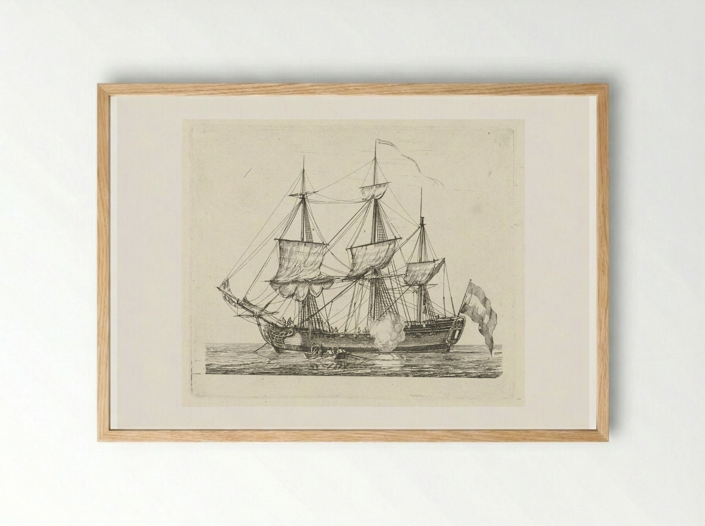 Driemaster met vlag en een roeiboot - Gerrit Groenewegen - Framed Print Wood