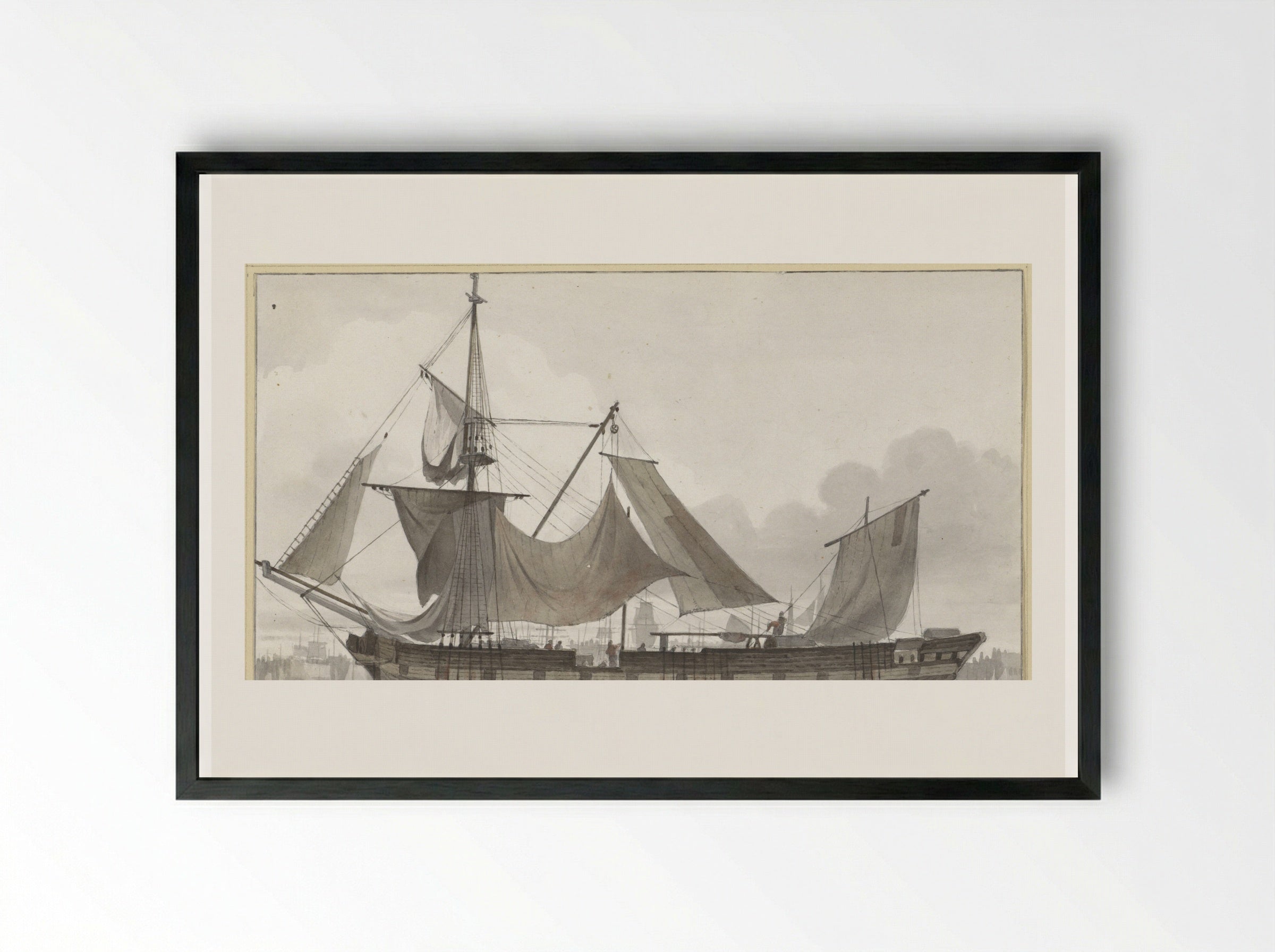 Driemaster onder noodtuig, een haven binnenlopend met zwakke wind - Hendrik Abraham Klinkhamer - Framed Print Black