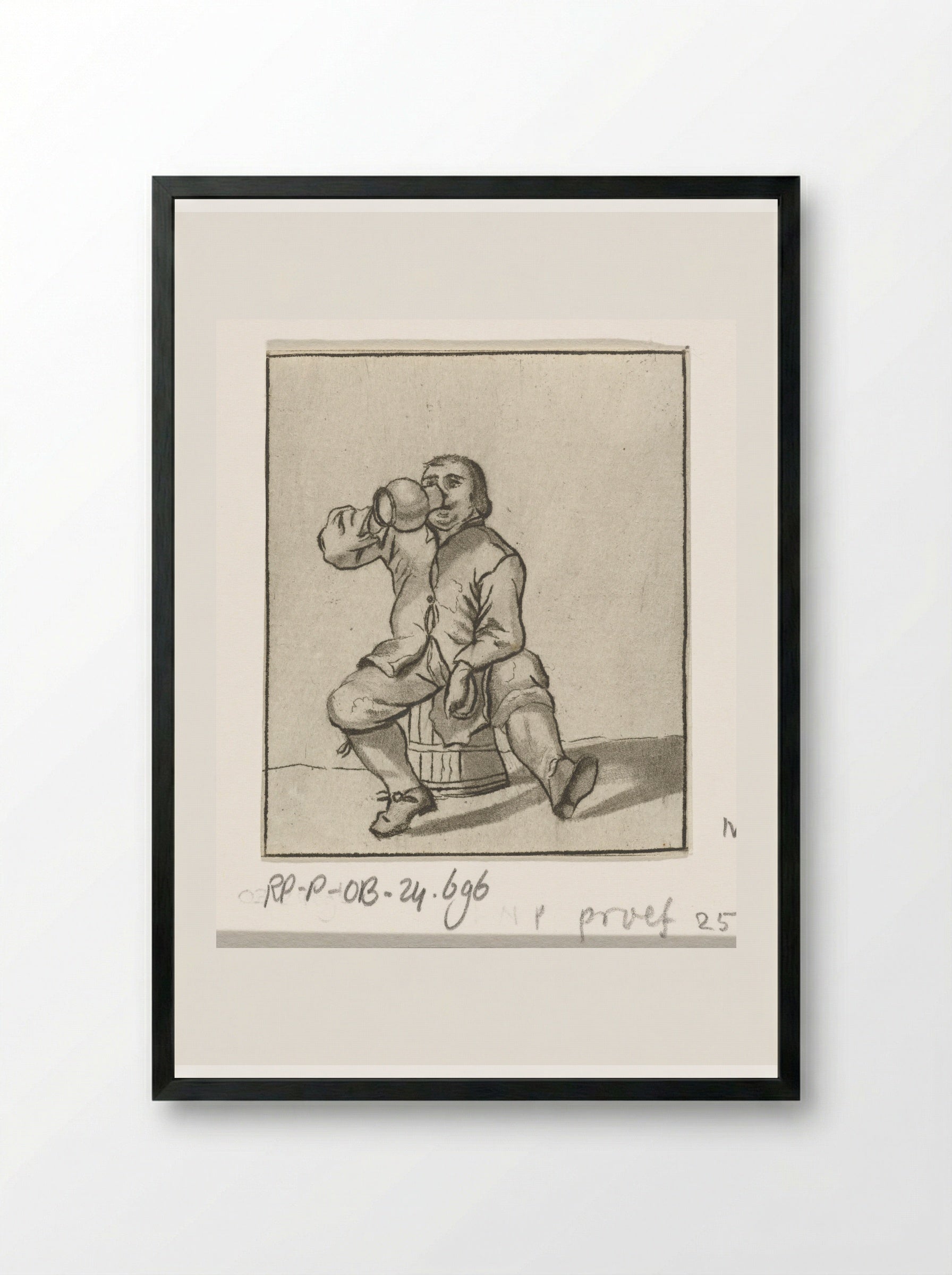 Drinkende man zittend op een ton - Cornelis Ploos van Amstel - Framed Print Black