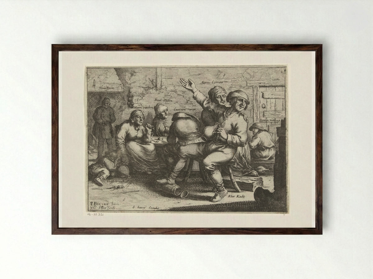Drinkers en rokers in een interieur - Salomon Savery - Framed Print Dark Wood