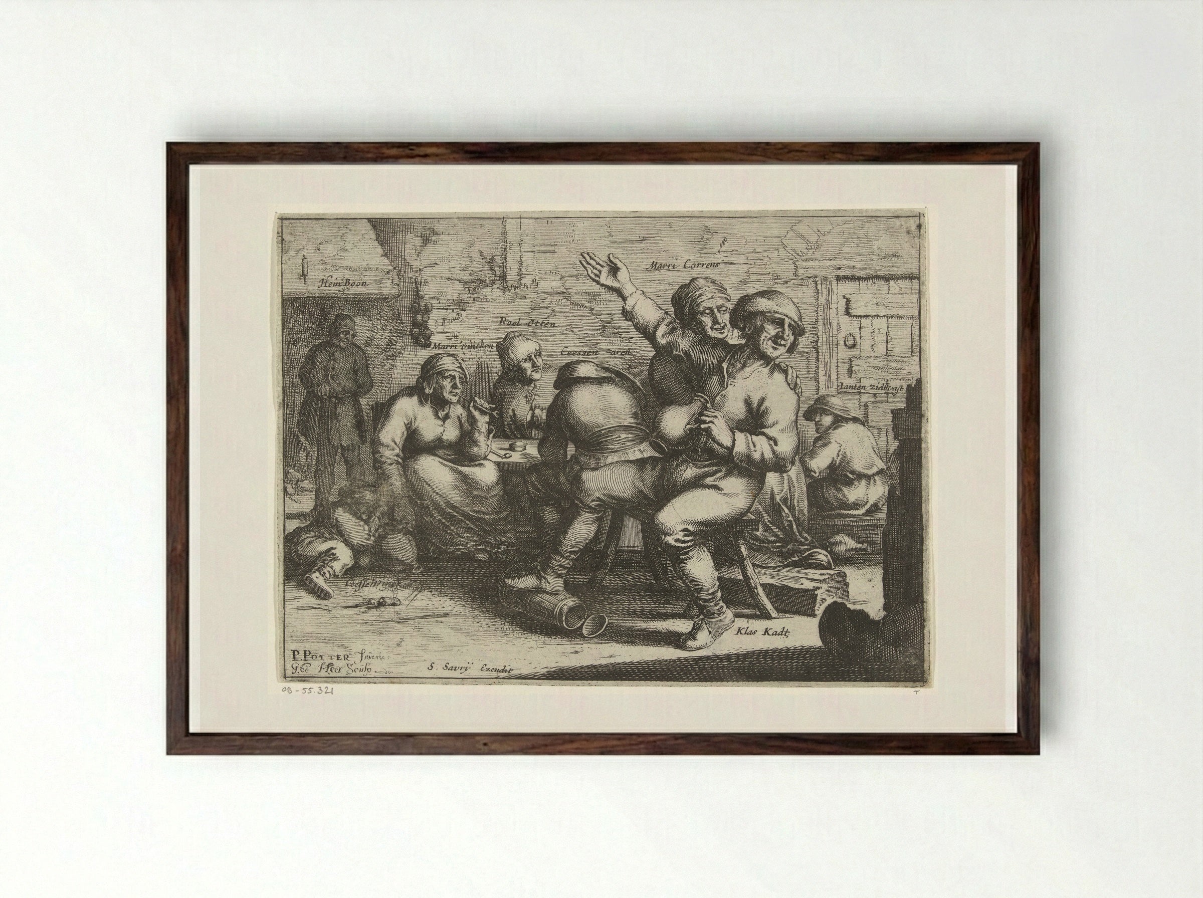 Drinkers en rokers in een interieur - Salomon Savery - Framed Print Dark Wood
