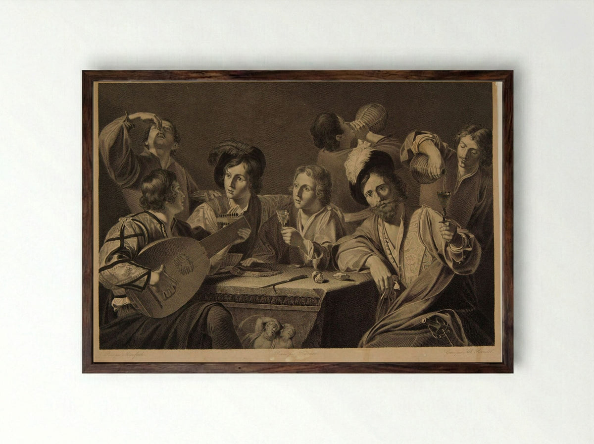 Drinking Bout - Albrecht Christoph Reindel - Framed Print Dark Wood