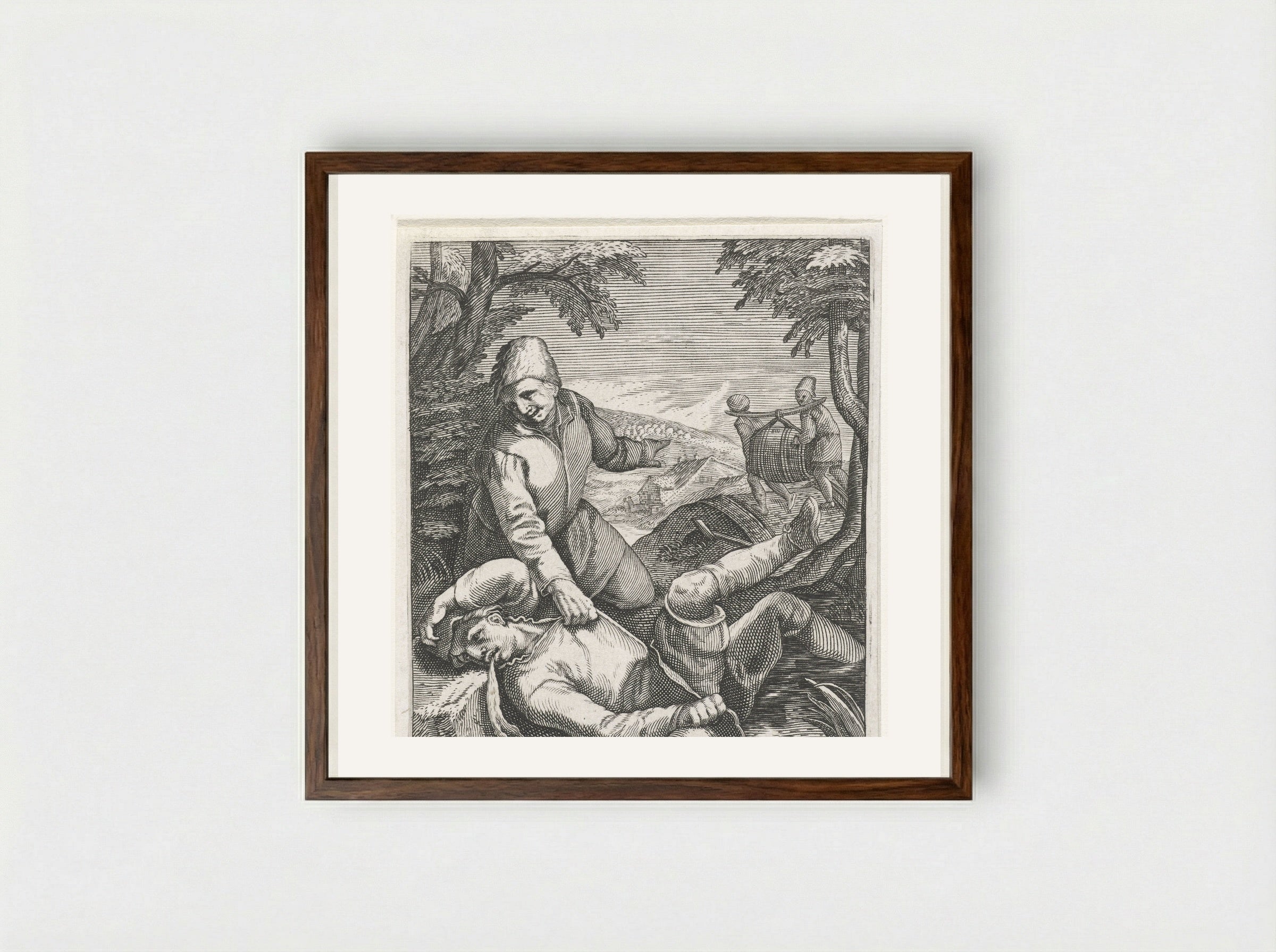 Dronkaard, brakend in een sloot - Johann Theodor de Bry - Framed Print Dark Wood