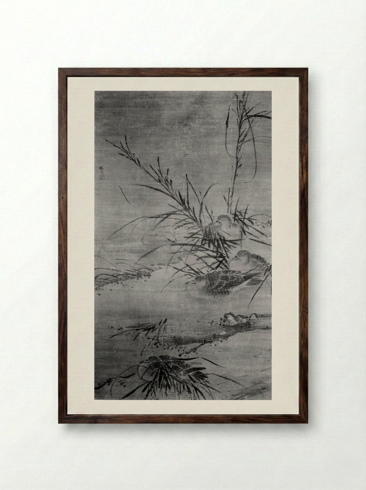 Ducks and Reeds - Lin Liang - Framed Print Dark Wood