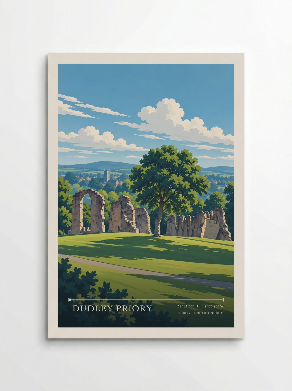 Dudley Priory travel poster: long shadows stretching across the sunlit park lawn