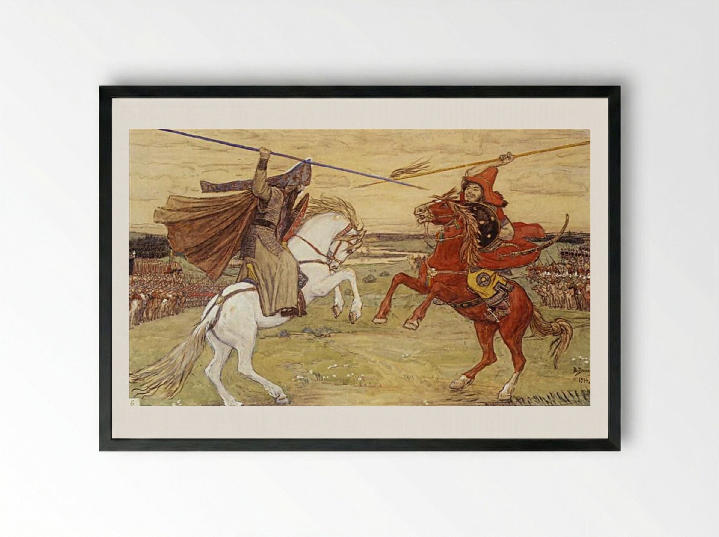 Duel of Peresvet and Chelubey - Viktor Vasnetsov - Framed Print Black