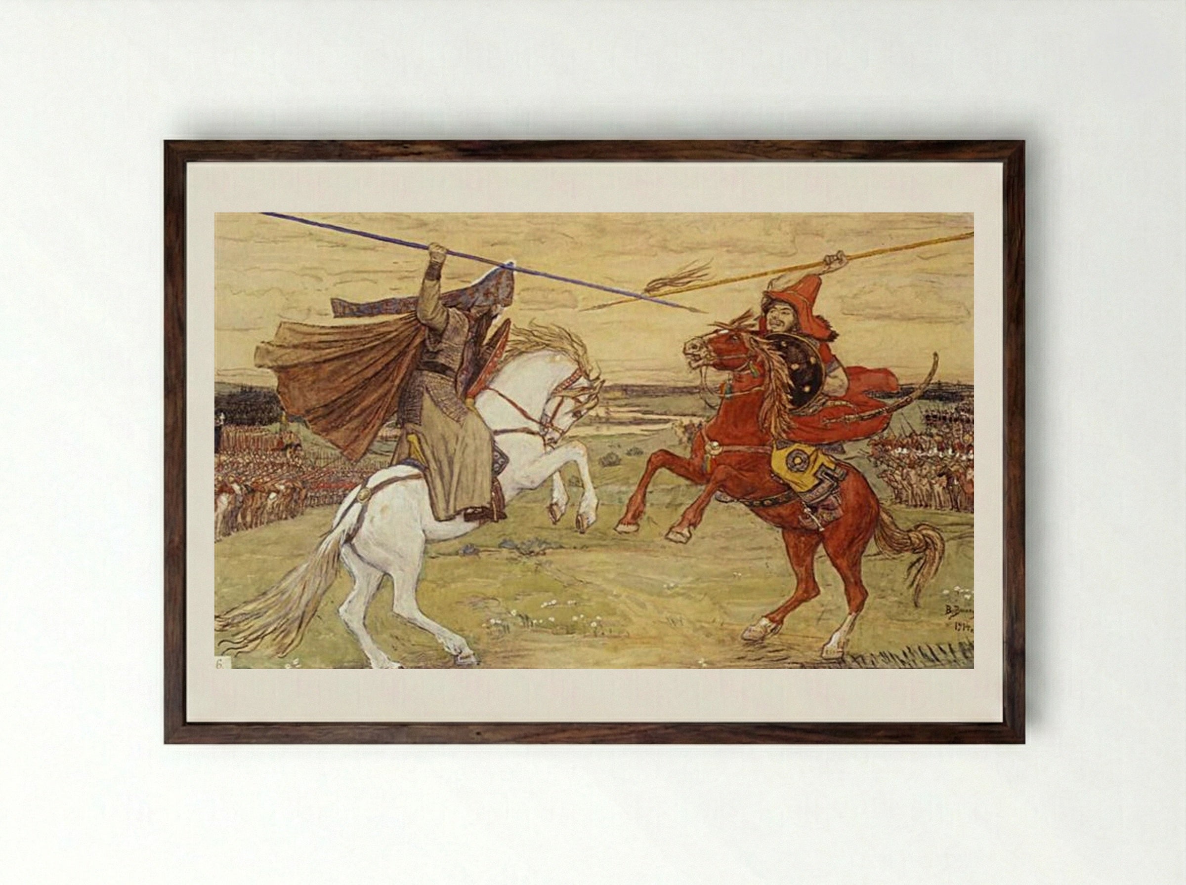 Duel of Peresvet and Chelubey - Viktor Vasnetsov - Framed Print Dark Wood