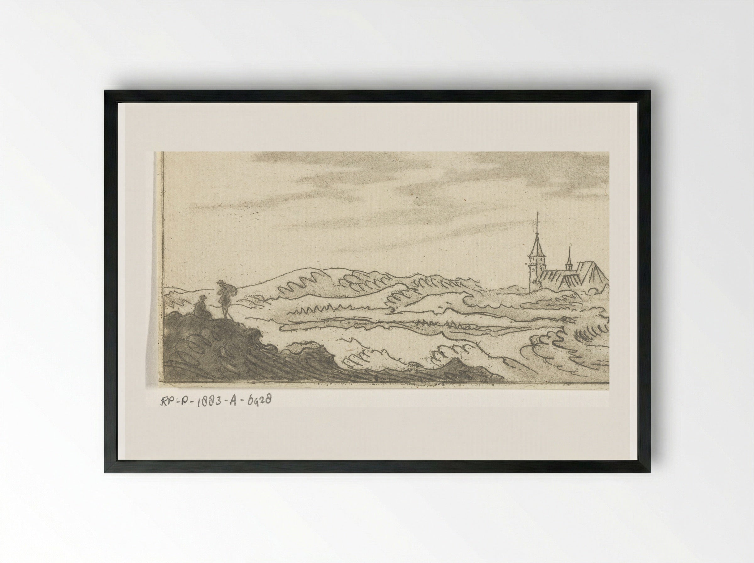 Duinlandschap met een kerk - Cornelis van Noorde - Framed Print Black