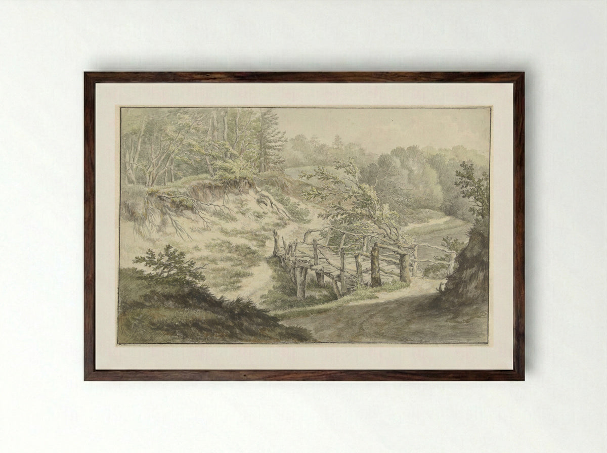 Duinlandschap met houten brug - Willem Uppink - Framed Print Dark Wood