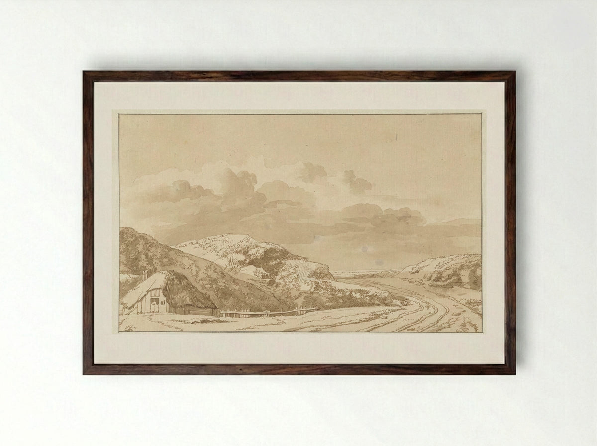 Duinlandschap met huis en weg - Abraham Furnerius - Framed Print Dark Wood