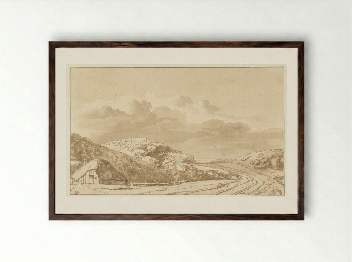 Duinlandschap met huis en weg - Abraham Furnerius - Framed Print Dark Wood