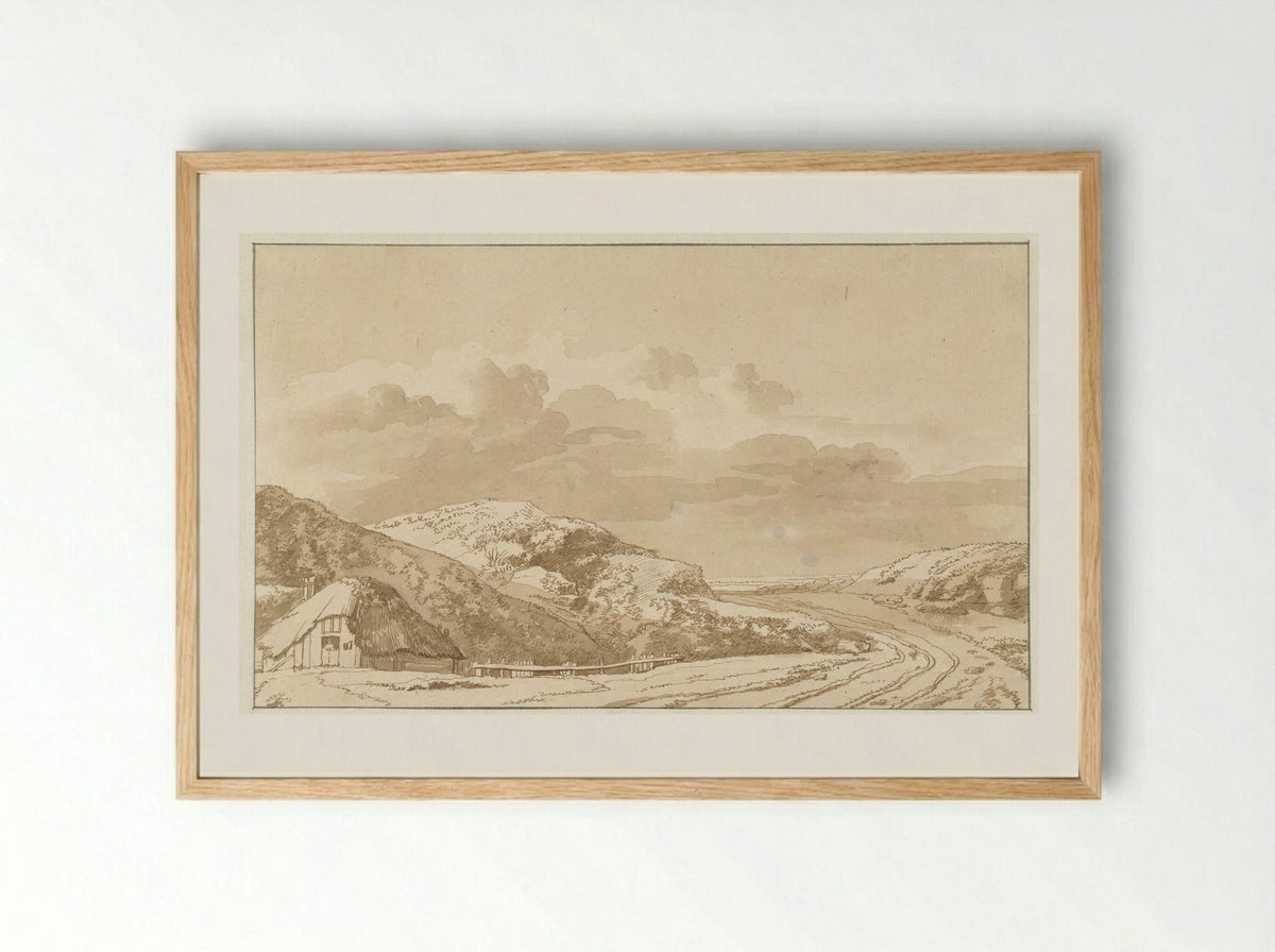 Duinlandschap met huis en weg - Abraham Furnerius - Framed Print Wood