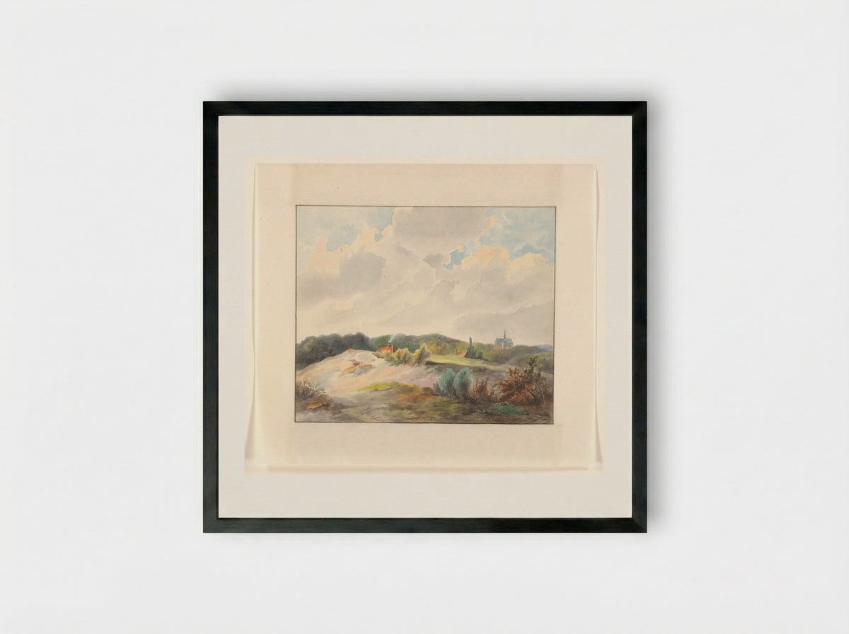 Duinlandschap met huizen en een kerk - Johannes van Reijn - Framed Print Black